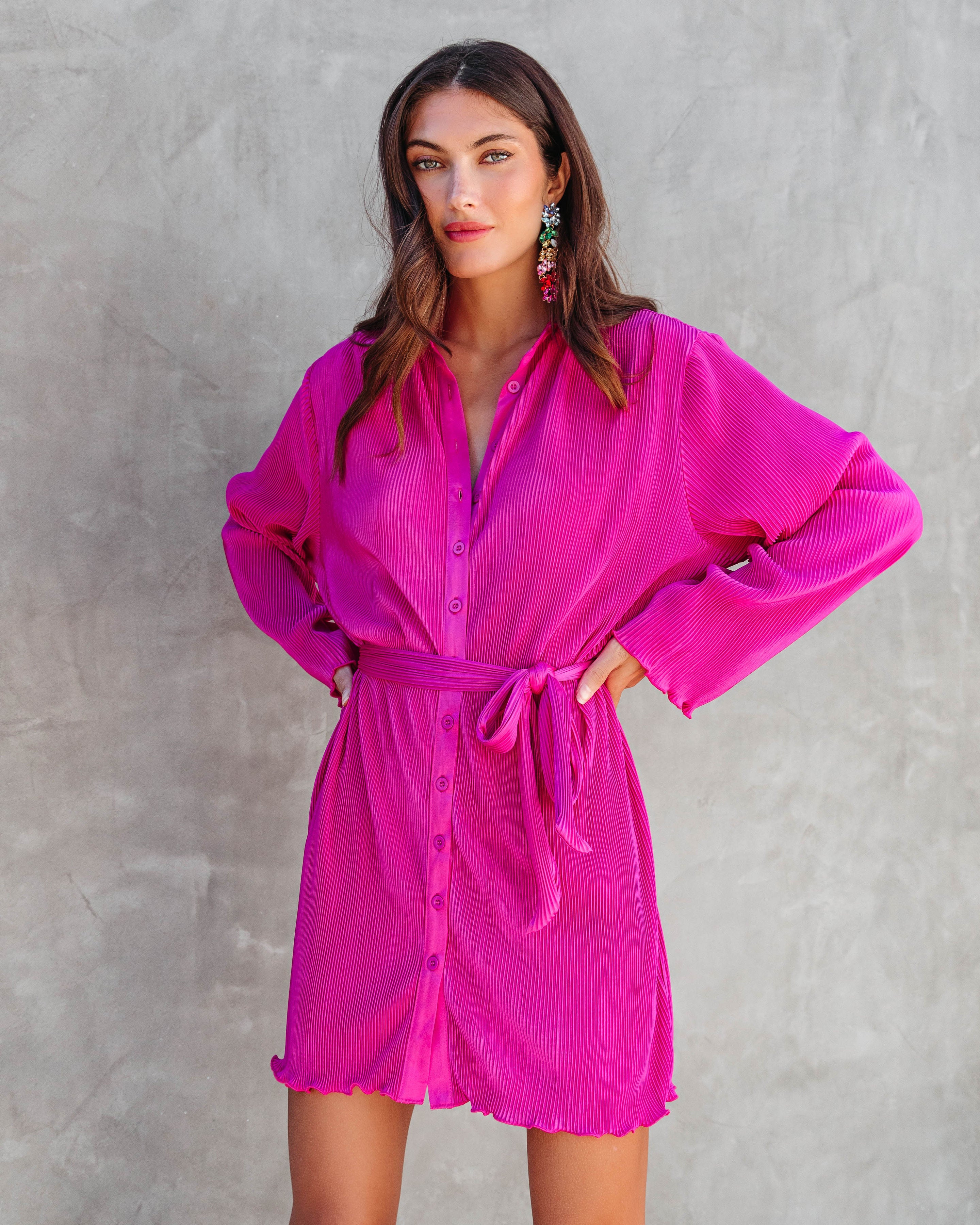 Stellar Vibes Plisse Button Down Shirt Dress - Magenta