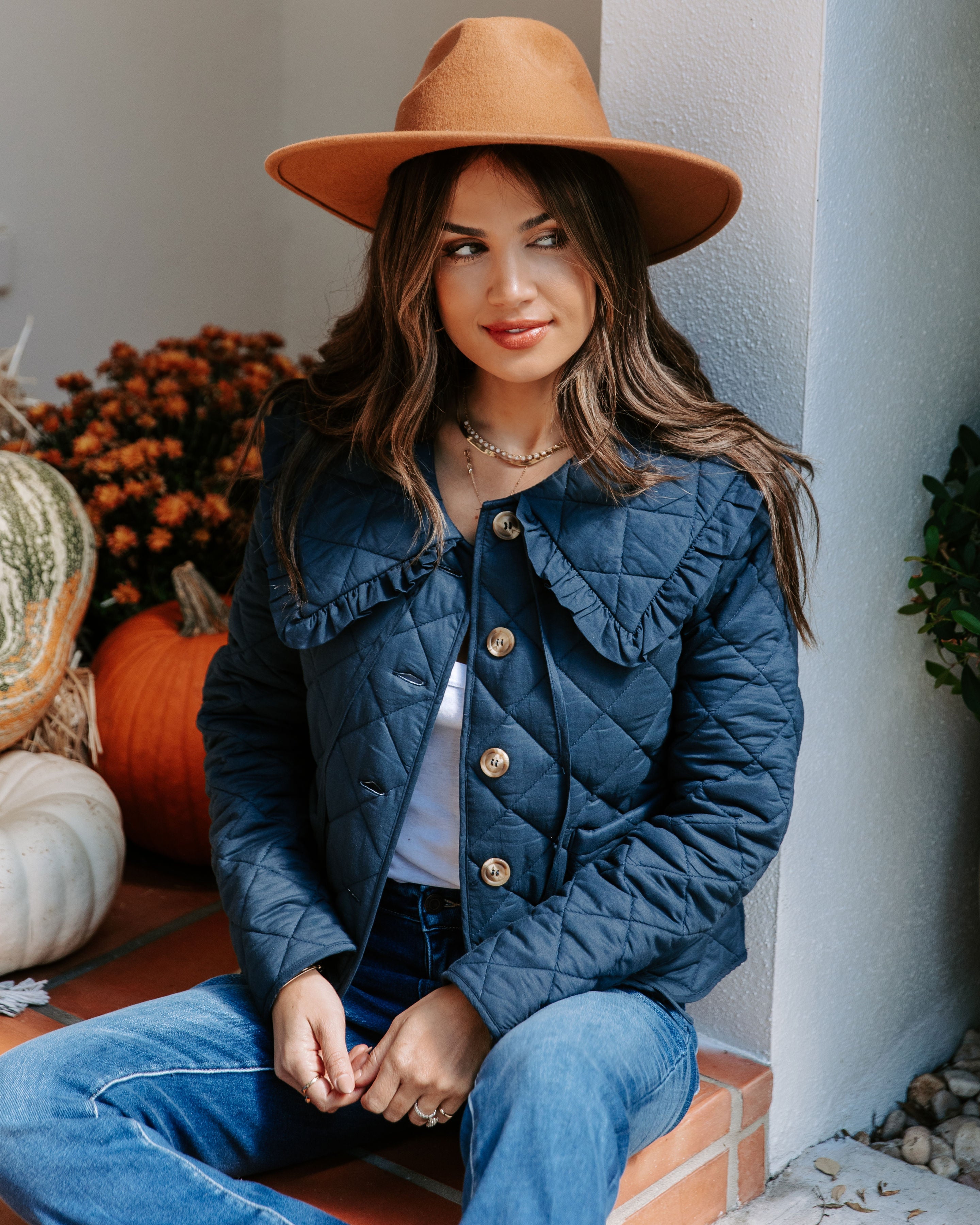 Loretta Cotton Pocketed Quilted Jacket - Navy