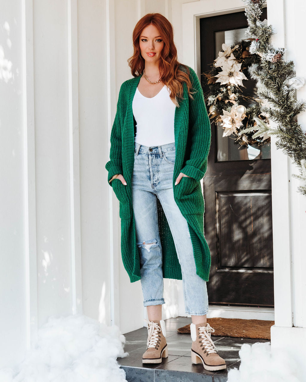 Central Park Dates Knit Pocketed Cardigan - Green