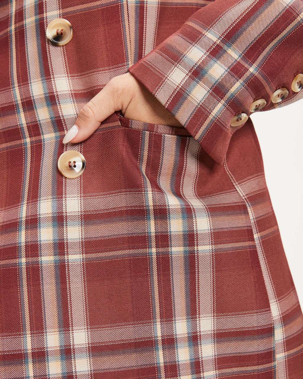 Nadia Pocketed Plaid Blazer - Burgundy