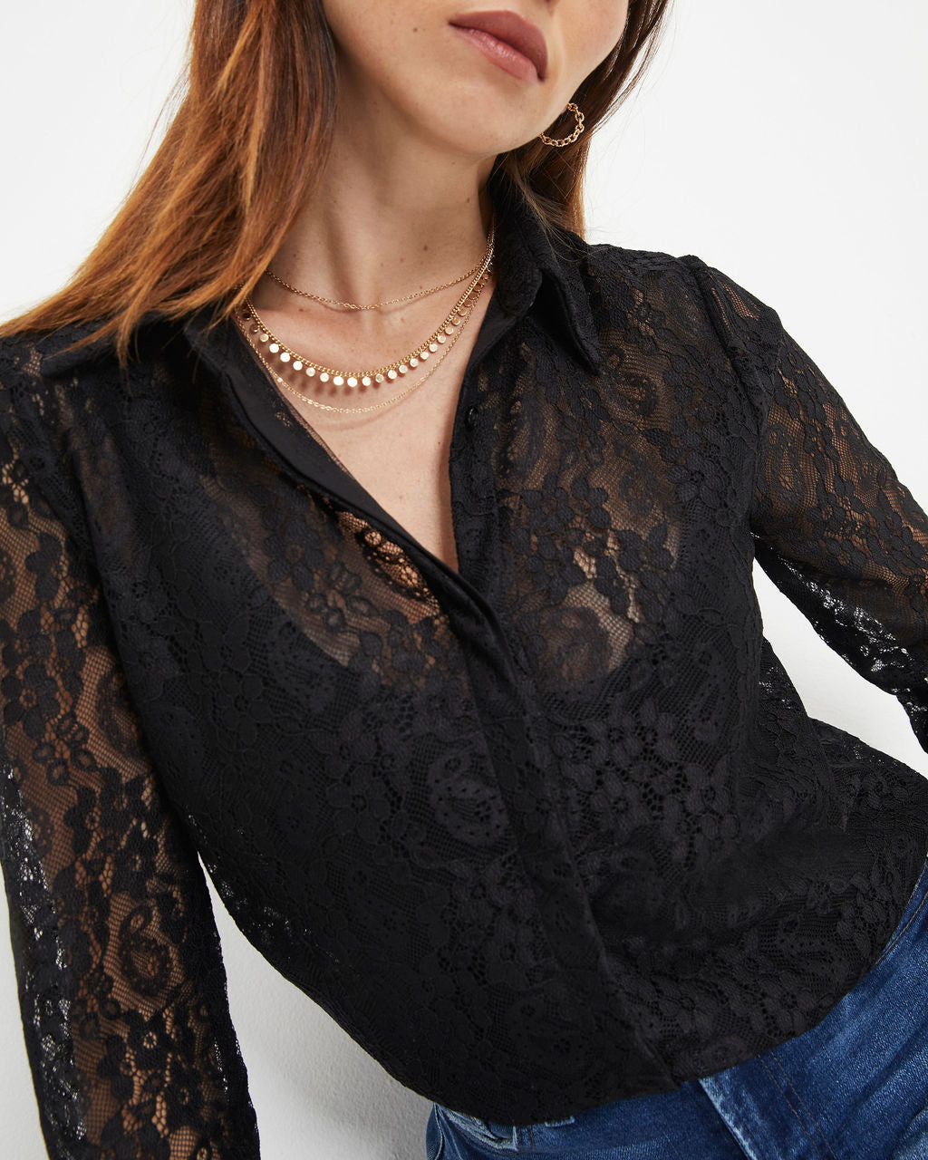 Berenice Lace Button Down Top - Black