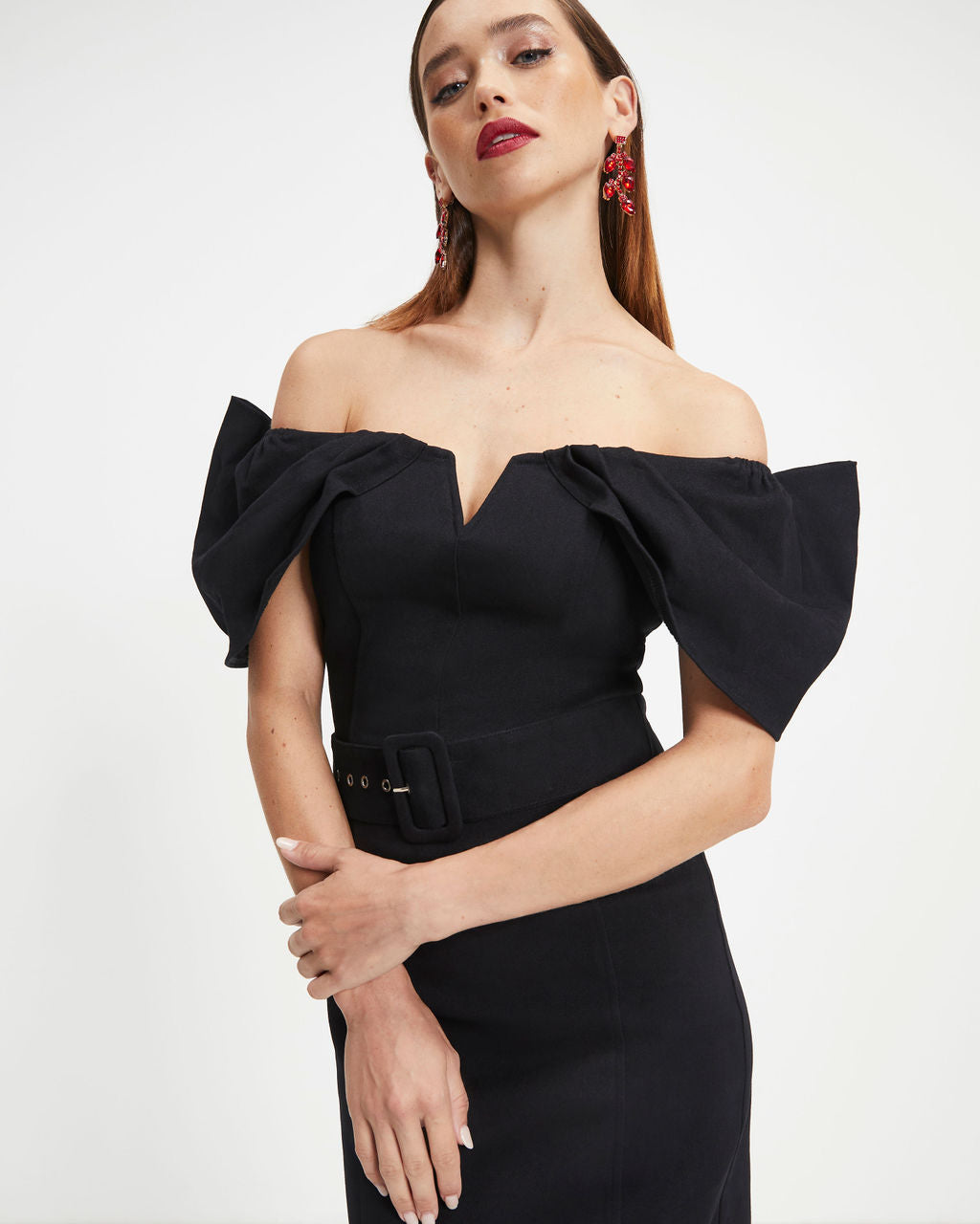 Rafaella Off The Shoulder Belted Midi Dress - Black