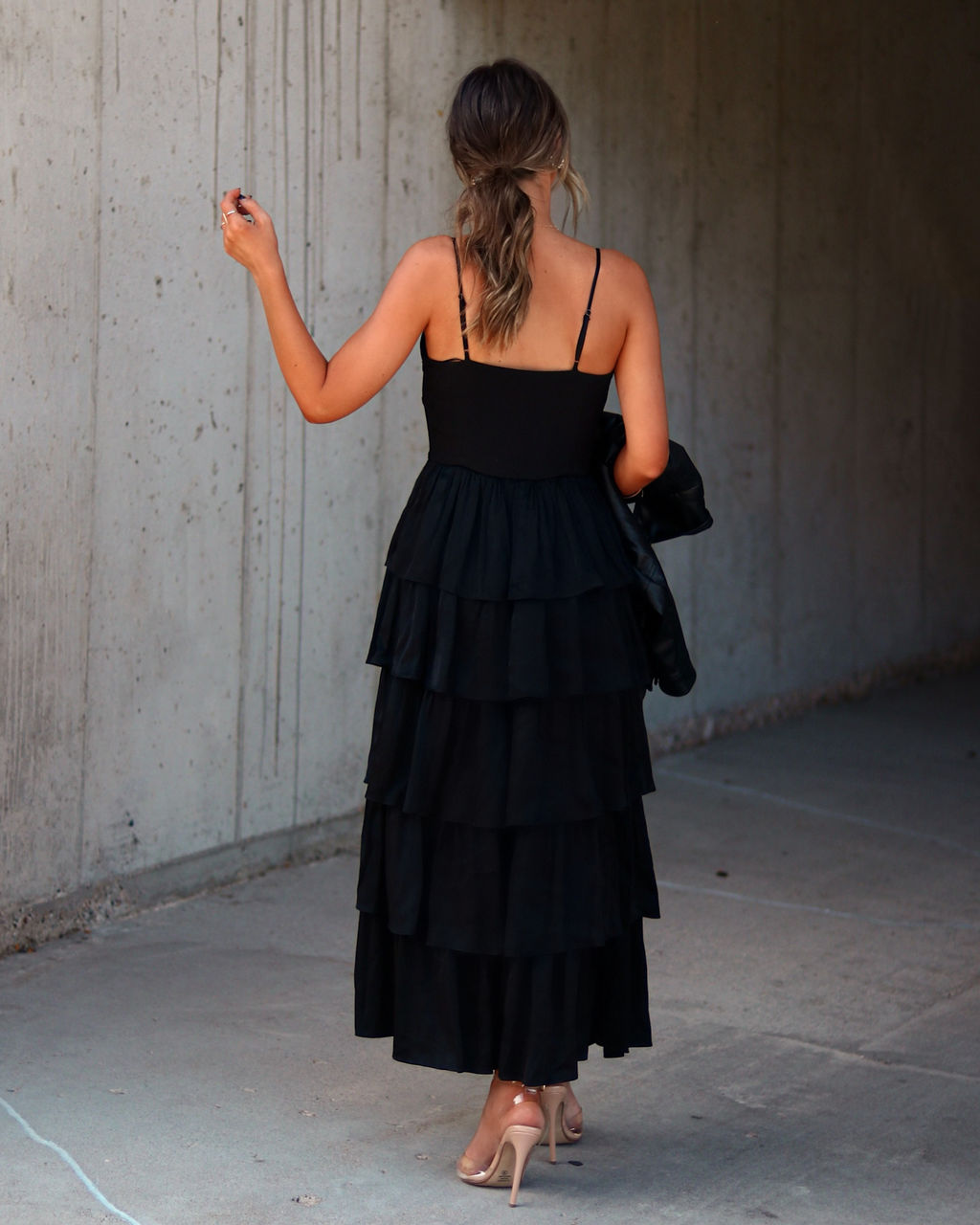 Dhalia Satin Tiered Midi Dress - Black