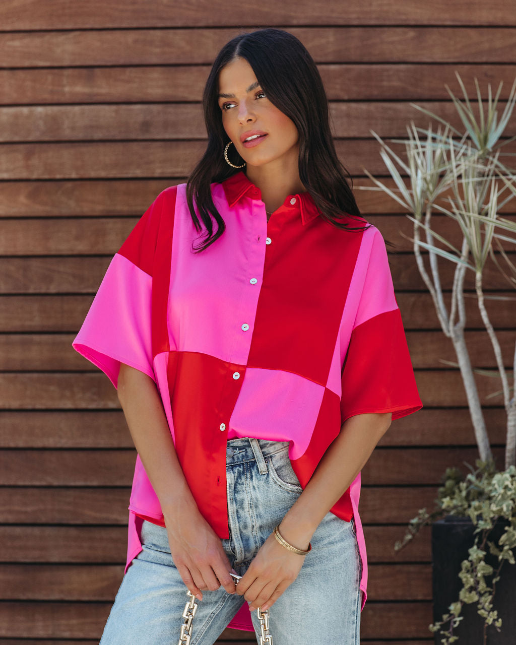 Fenella Colorblock Button Down Top - Red Combo - FINAL SALE