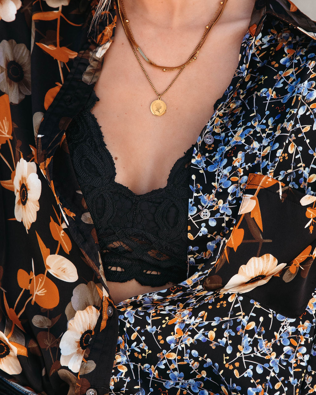 October Botanicals Satin Floral Button Down Top