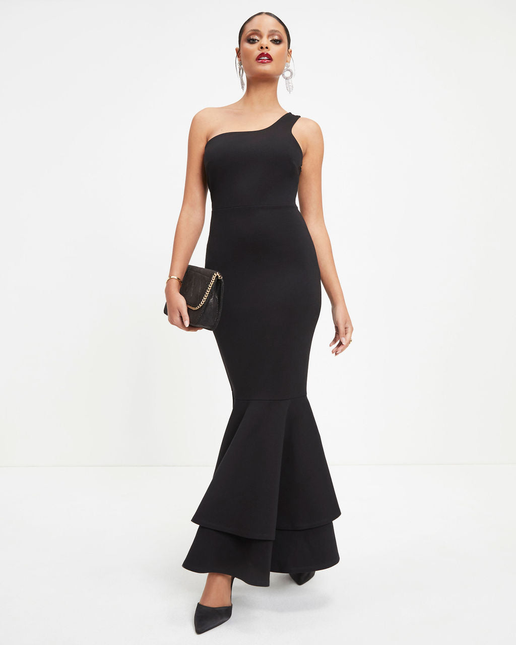 Ariella One Shoulder Tiered Trumpet Maxi Dress - Black