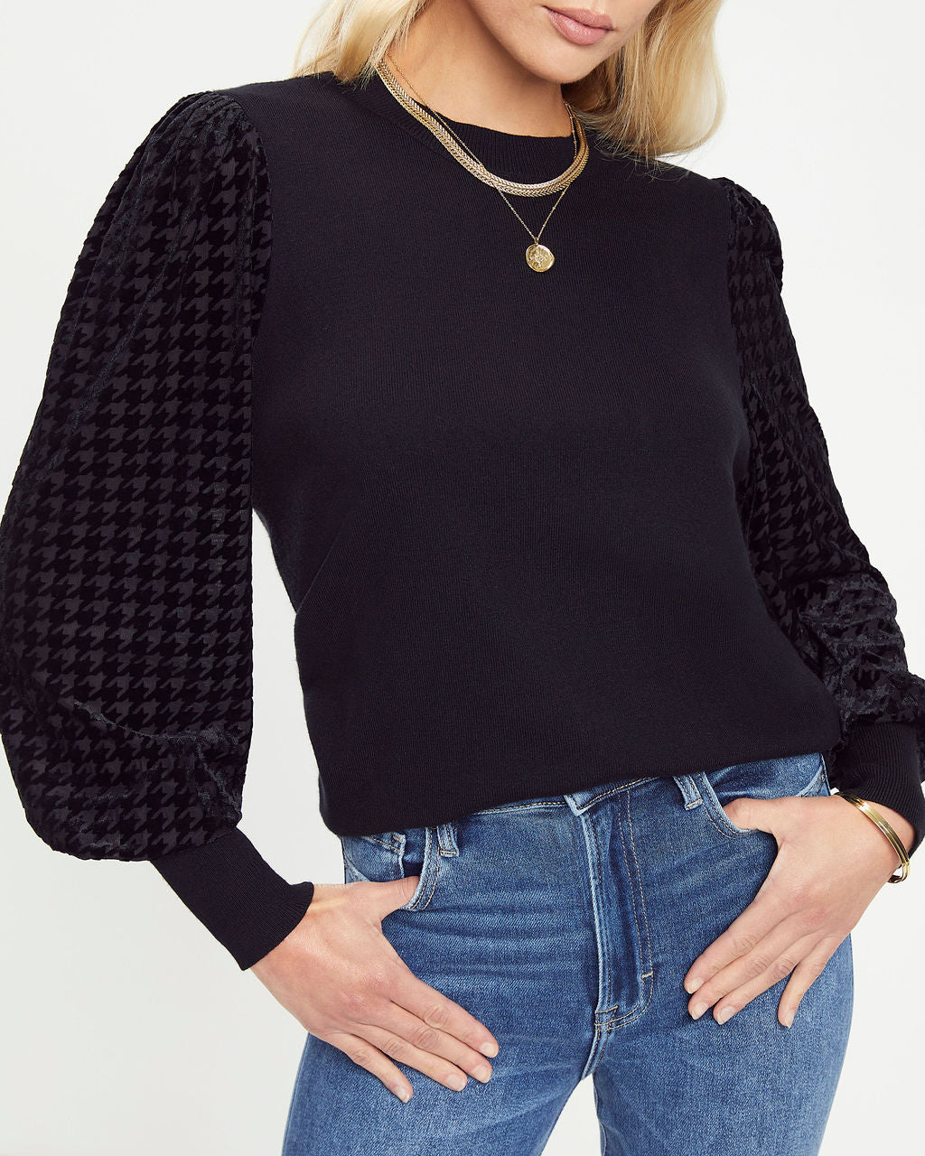 Think Like A Boss Houndstooth Contrast Top - Black