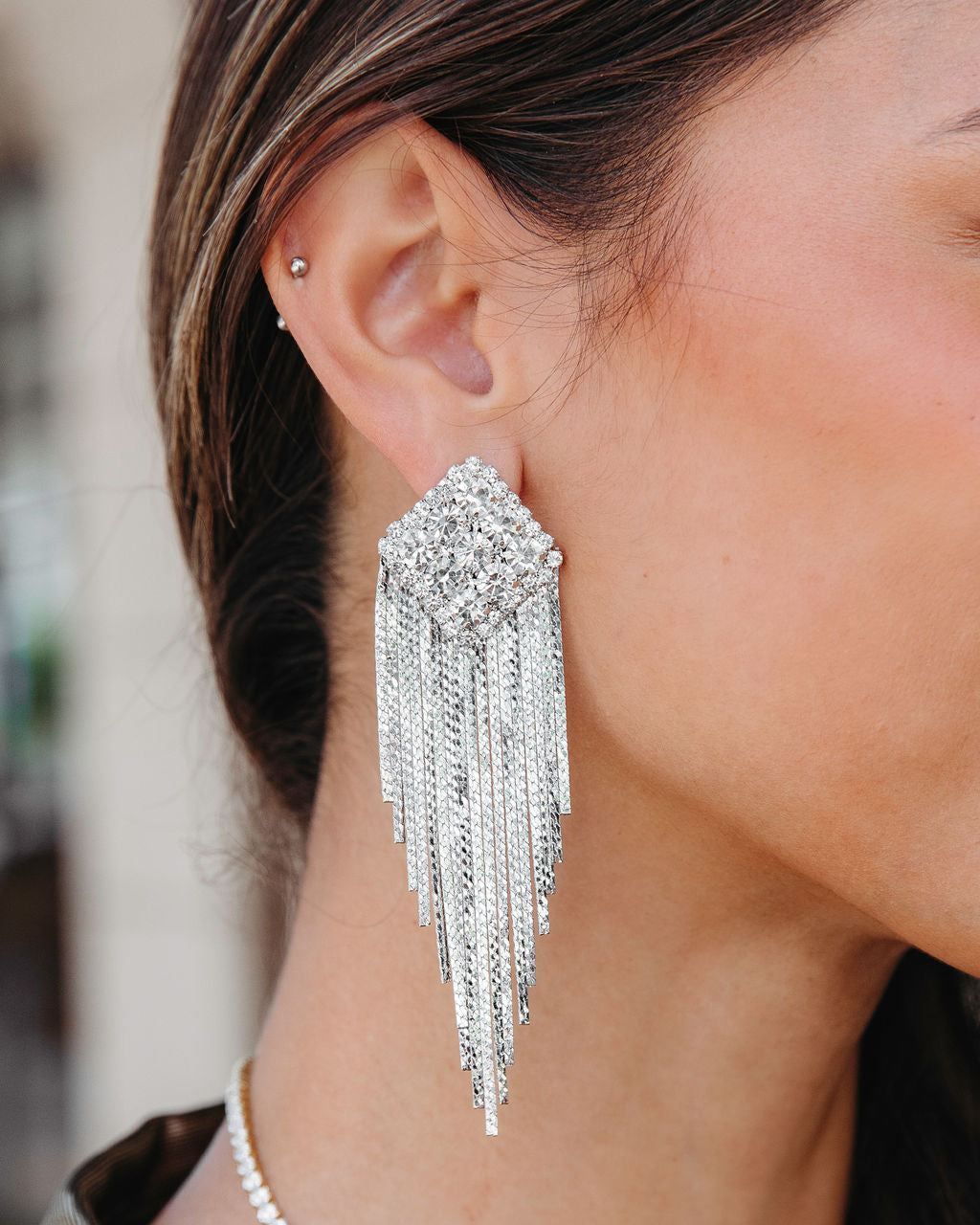 Diamond Fringe Drop Earrings - Silver