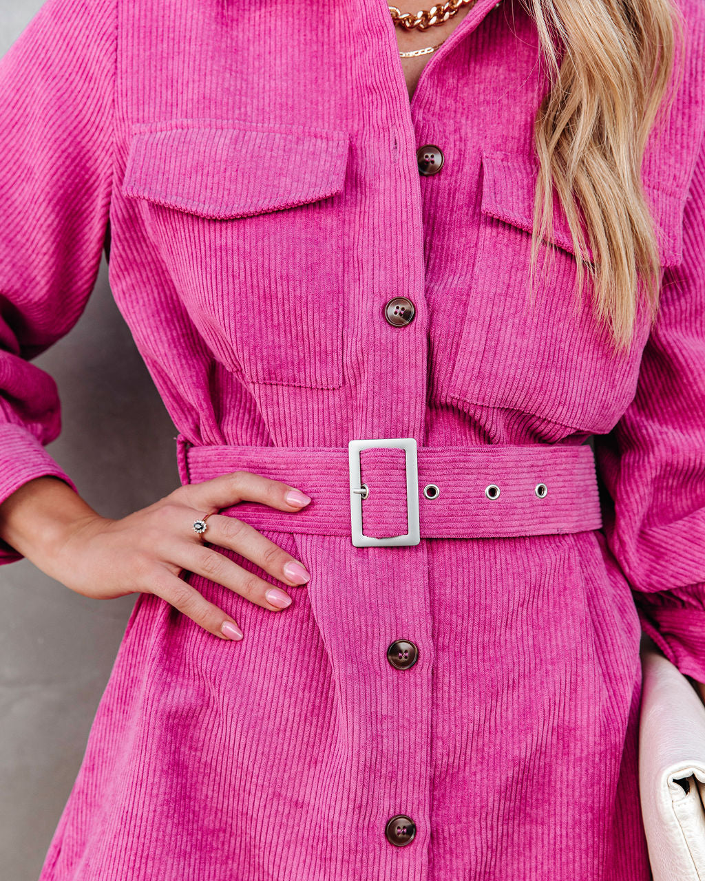 Charlene Corduroy Belted Button Down Shirt Dress - Orchid