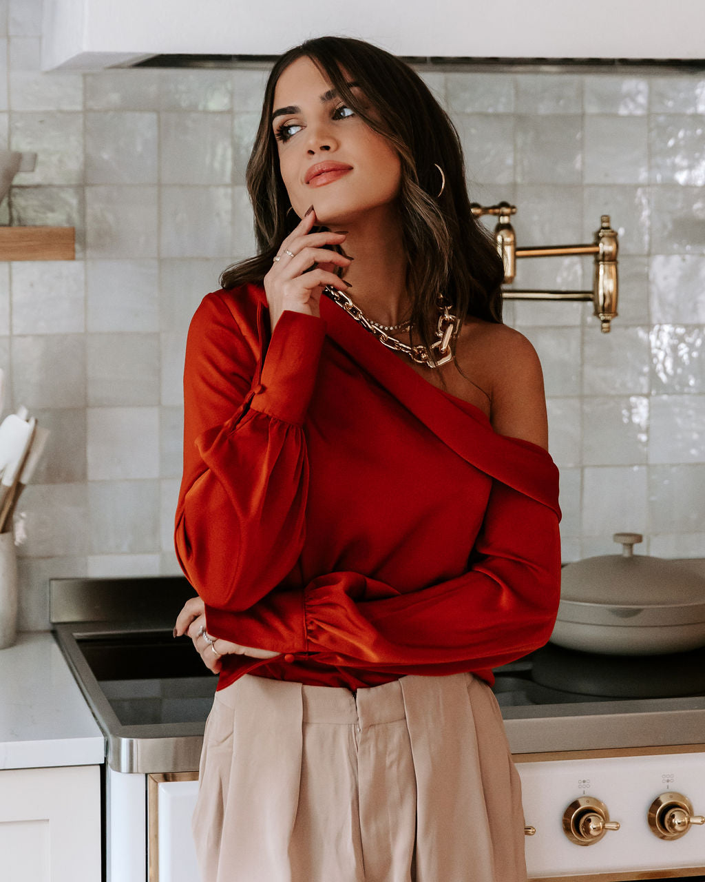 Runway Girl Satin Off Shoulder Top - Rust