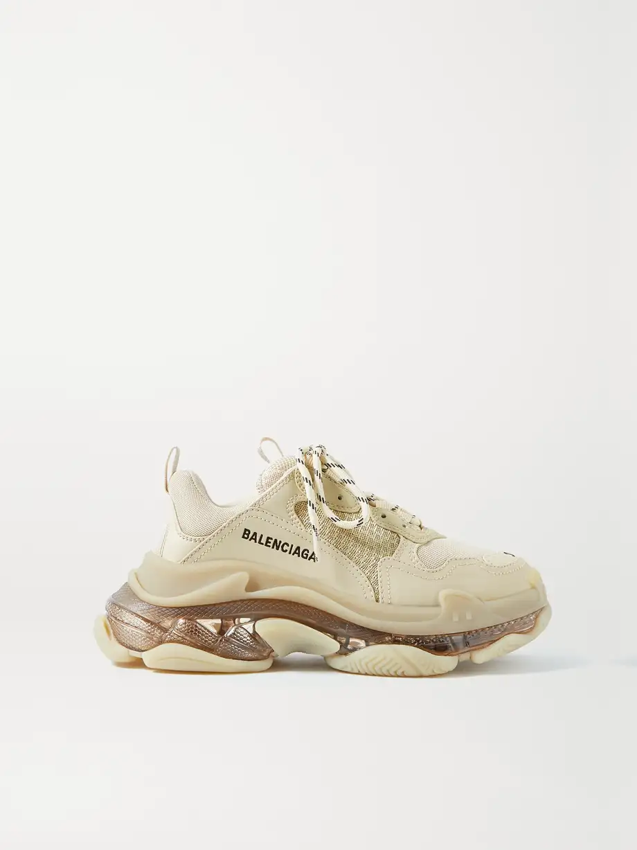 Triple S Clear Sole Logo-bestickte Kunstleder und Mesh Sneakers Beige