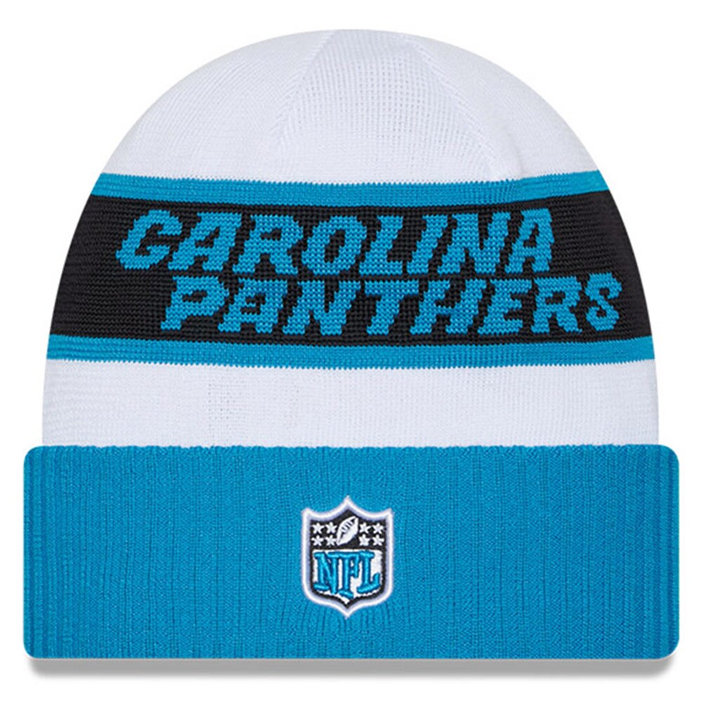 Carolina Panthers New Era 2023 Sideline Tech Cuffed Knit Hat - White/Blue