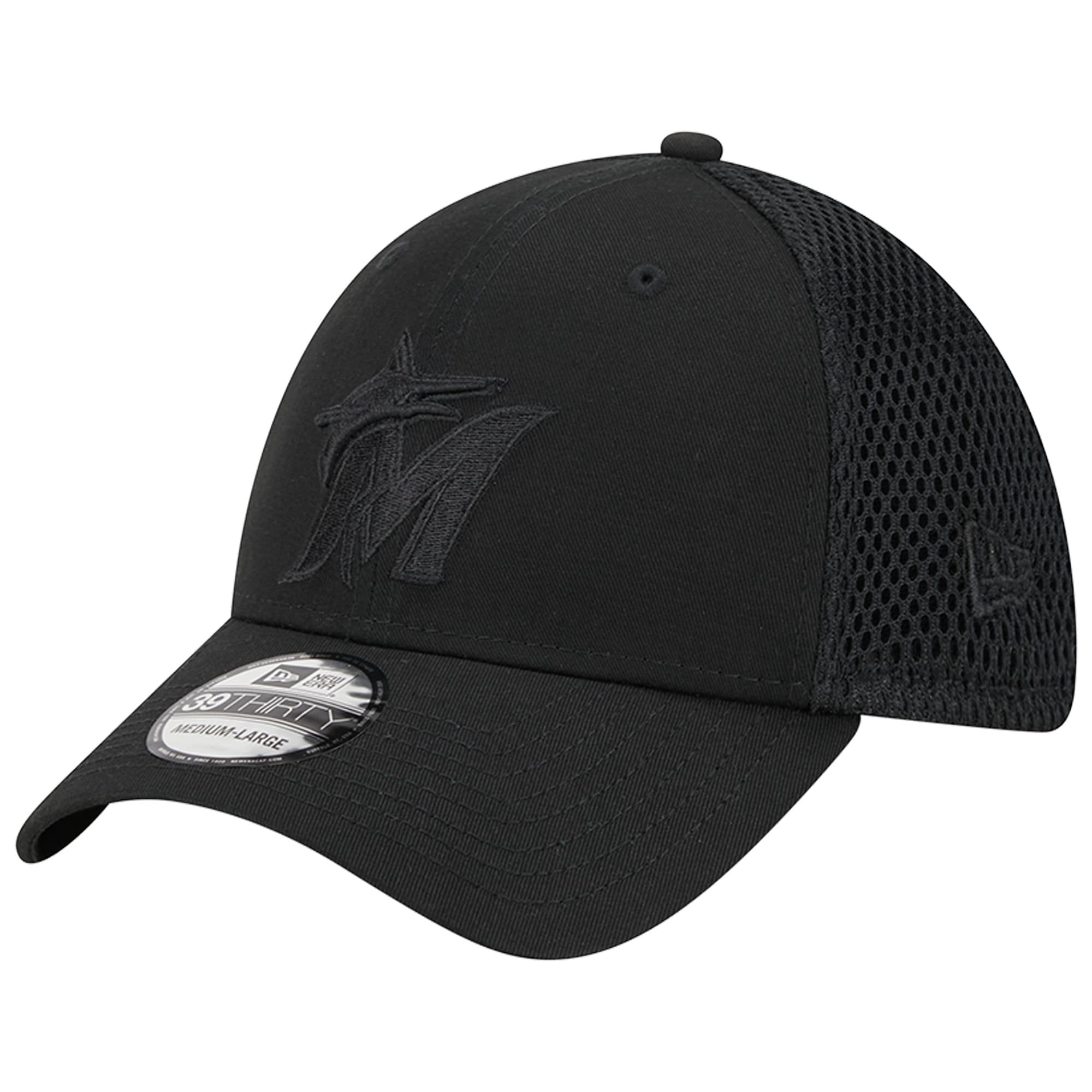 Miami Marlins New Era Black-on-Black Neo Mesh 39THIRTY Flex Hat