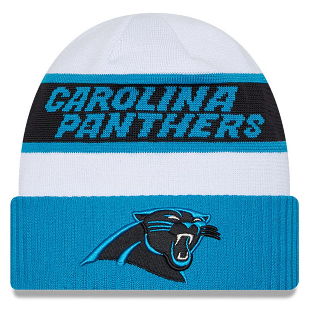 Carolina Panthers New Era 2023 Sideline Tech Cuffed Knit Hat - White/Blue