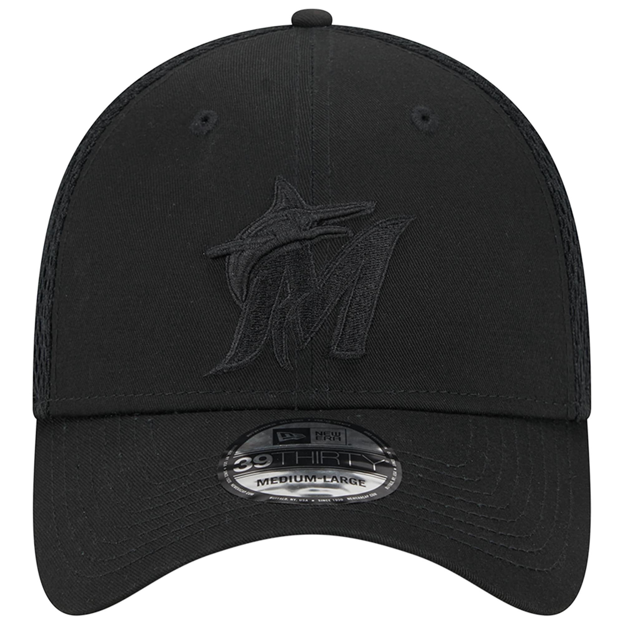 Miami Marlins New Era Black-on-Black Neo Mesh 39THIRTY Flex Hat