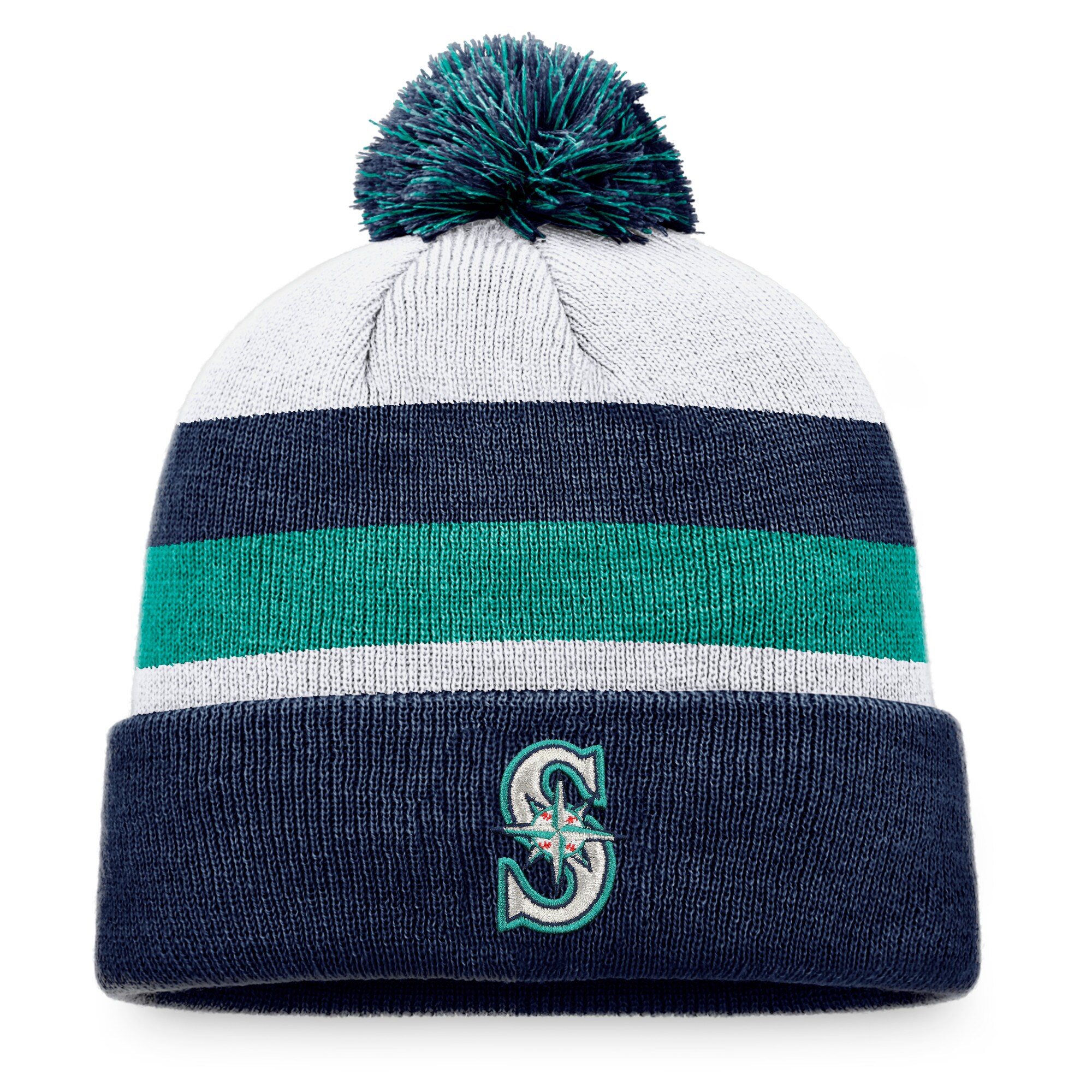 Seattle Mariners Fanatics Branded Stripe Cuffed Knit Hat with Pom - Navy