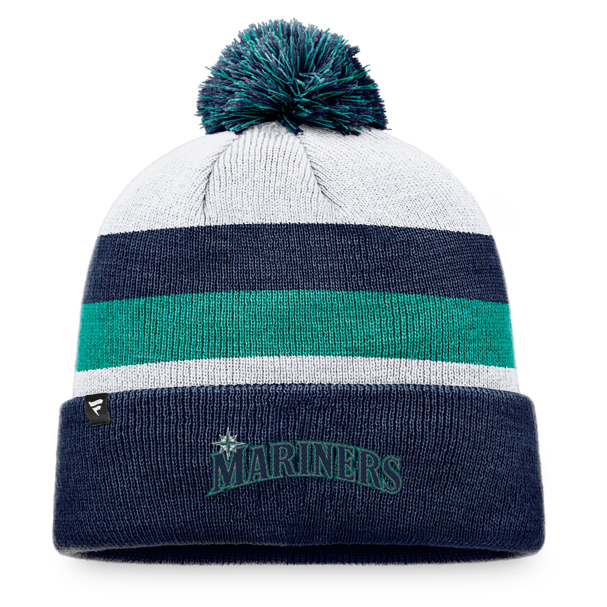 Seattle Mariners Fanatics Branded Stripe Cuffed Knit Hat with Pom - Navy