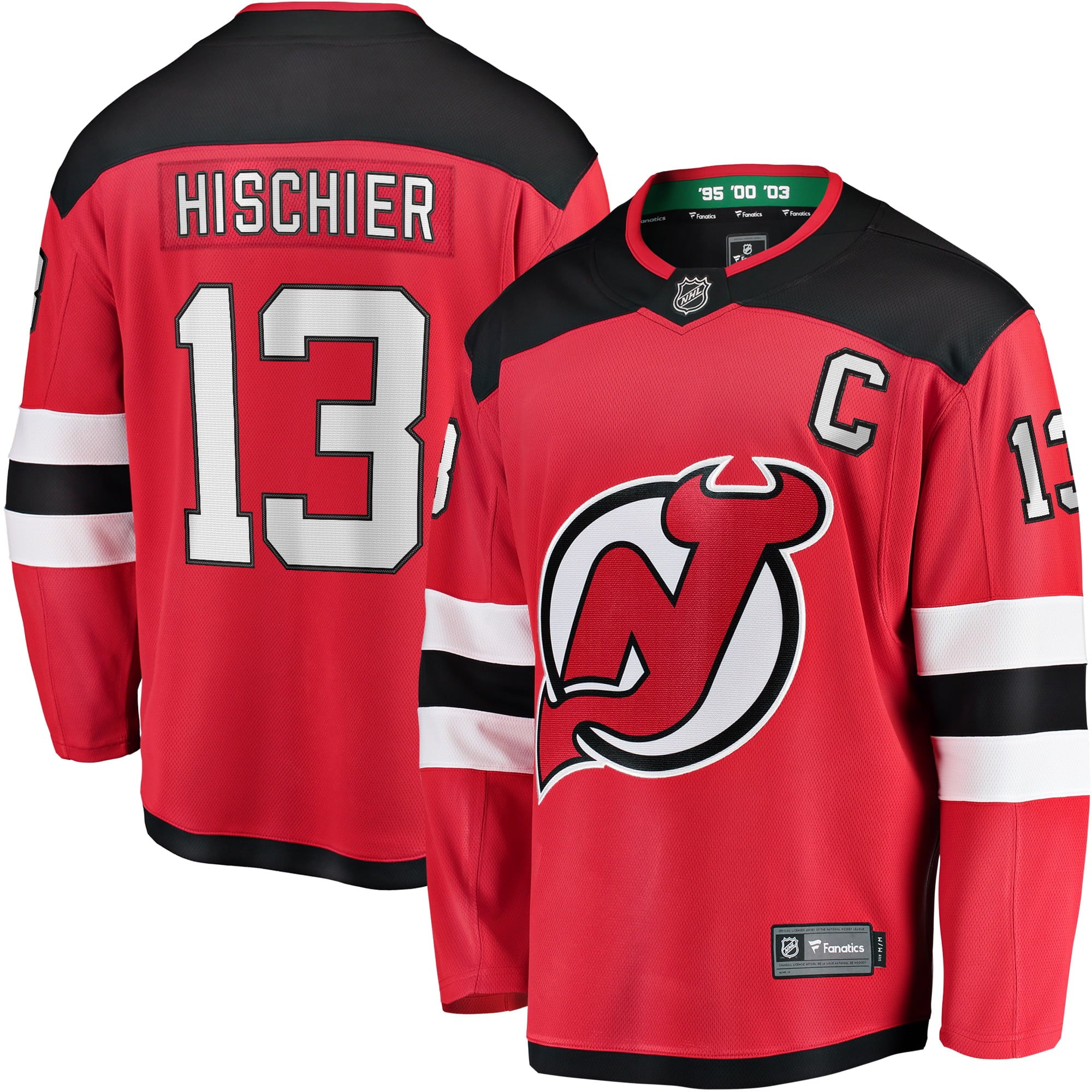 Men's Fanatics Branded Nico Hischier Red New Jersey Devils Captain Patch Home Breakaway Jersey