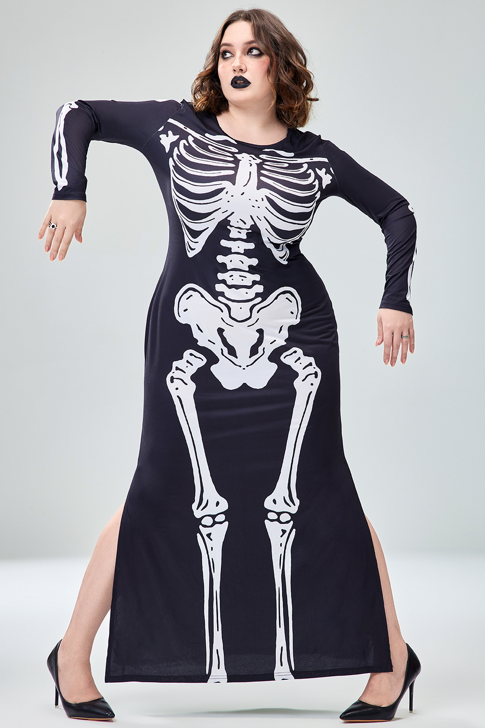 Xpluswear Design Plus Size Casual Halloween Costume Gothic Black Round Neck Long Sleeve Skeleton Print Knitted Maxi Dress