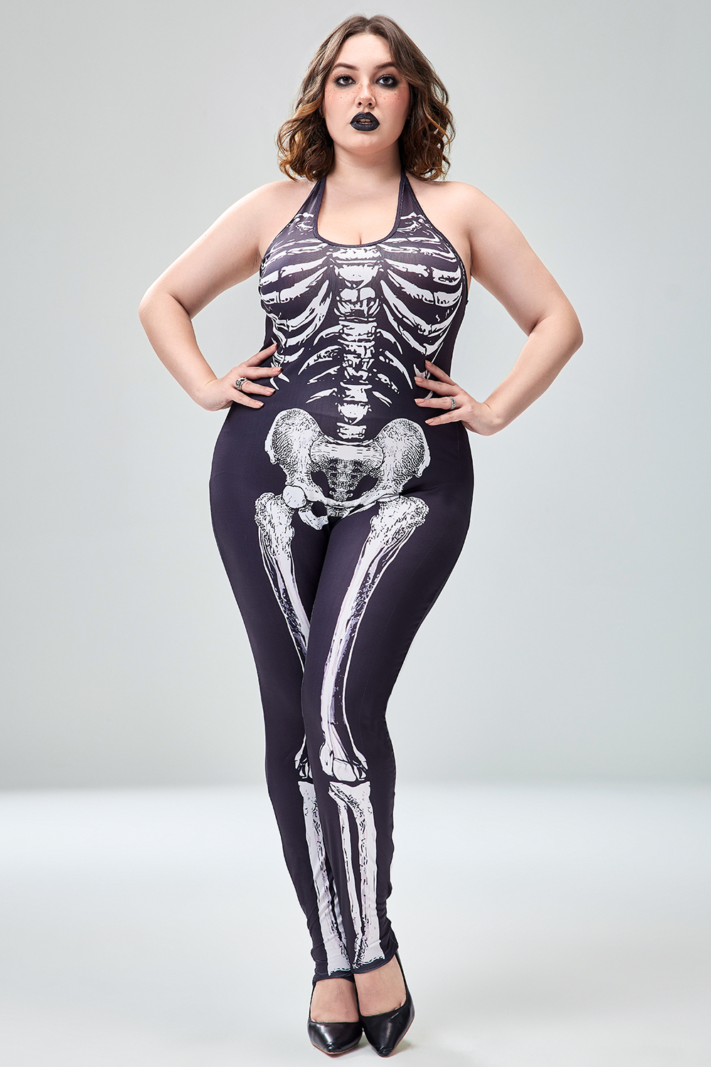 Xpluswear Design Plus Size Casual Halloween Costume Black Skeleton Print Sleeveless Knitted Jumpsuits (Without Gloves) [Pre-Order]