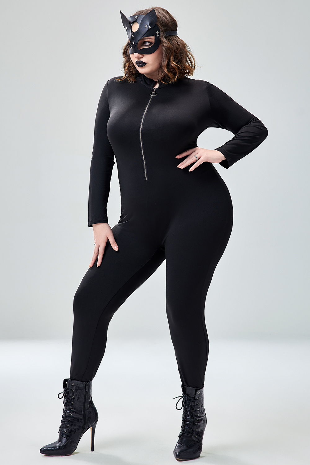 Xpluswear Design Plus Size Halloween Costume Gothic Black Zipper Long Sleeve Knitted Jumpsuit