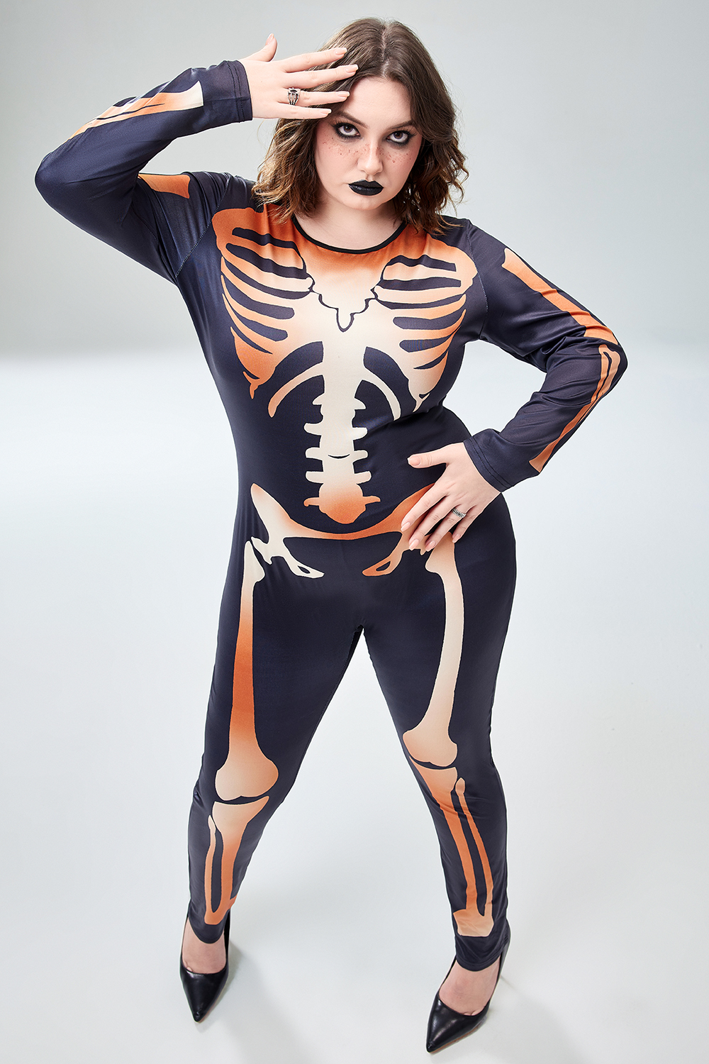 Xpluswear Design Plus Size Halloween Costume Gothic Black Skeleton Print Long Sleeve Knitted Jumpsuit [Pre-Order]