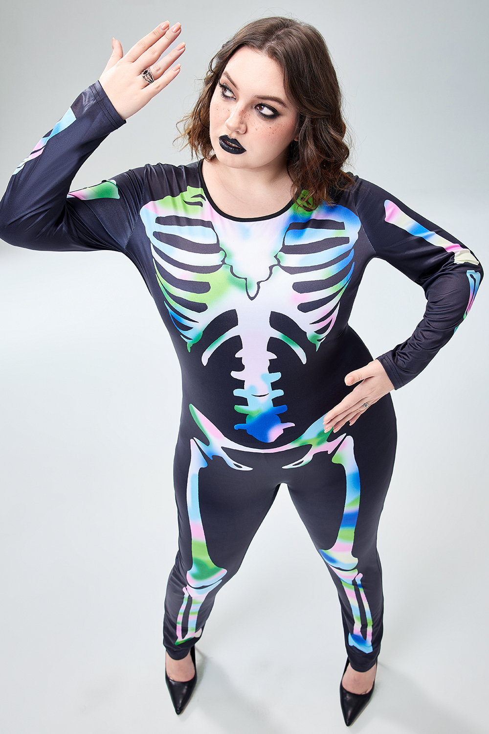 Xpluswear Design Plus Size Halloween Costume Gothic Skeleton Print Long Sleeve Round Neck Jumpsuit [Pre-Order]