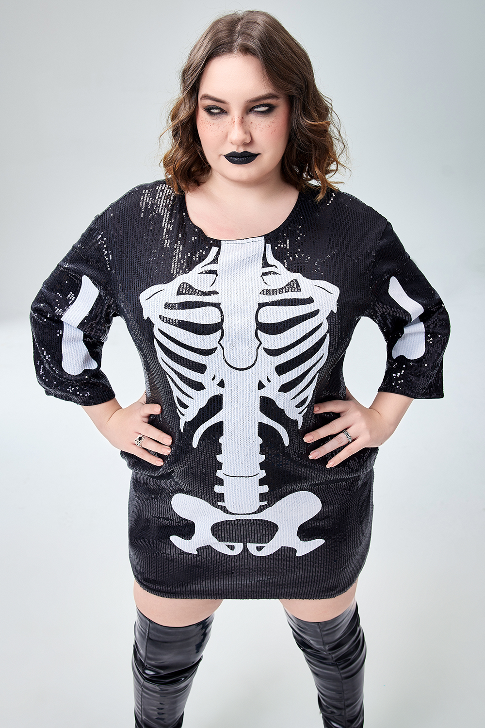 Xpluswear Design Plus Size Halloween Costume Gothic Black Sequin Skeleton Mini Dress With Pocket [Pre-Order]