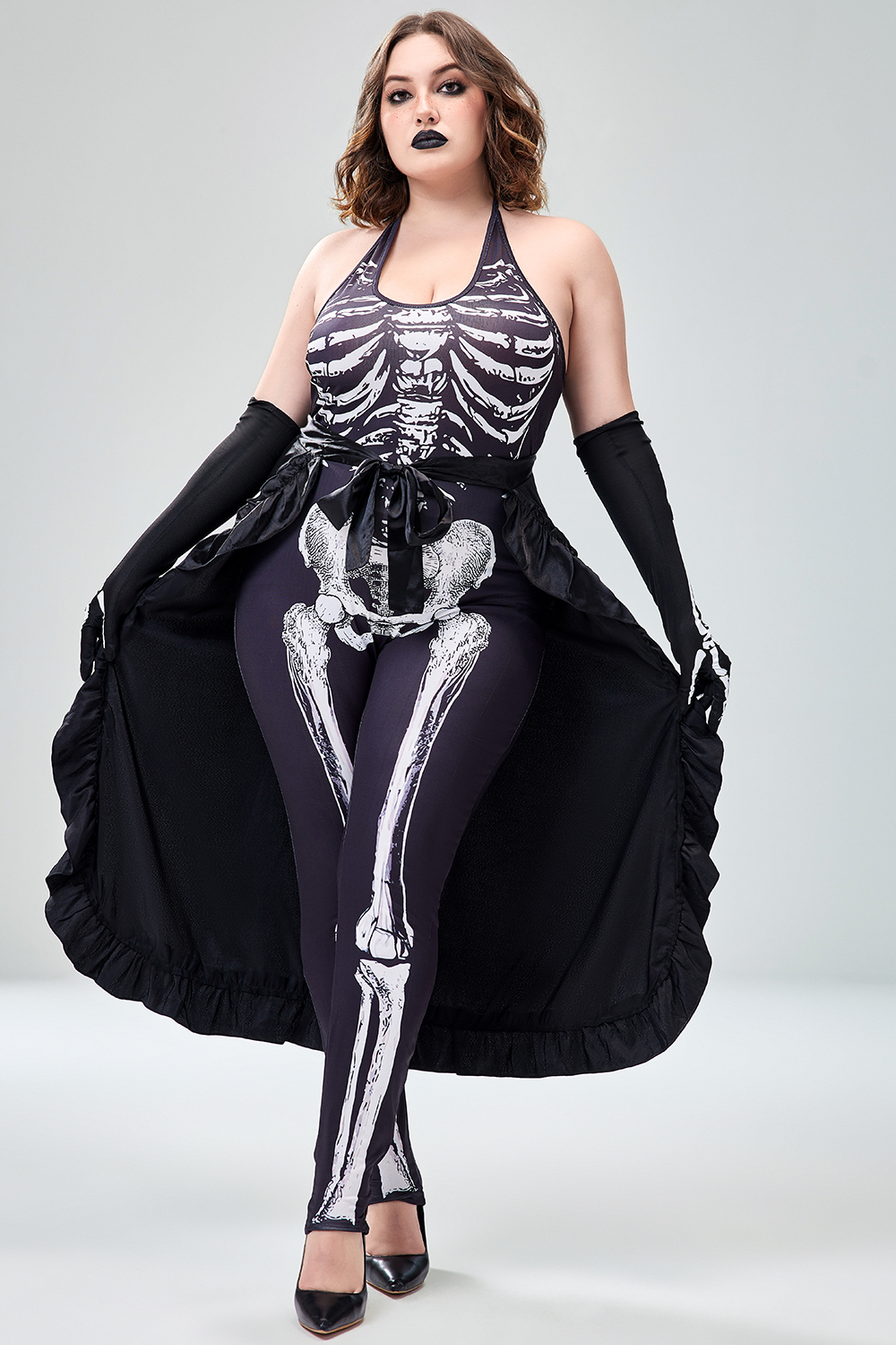 Xpluswear Design Plus Size Casual Halloween Costume Black Skeleton Print Sleeveless Knitted Jumpsuits (Without Gloves) [Pre-Order]