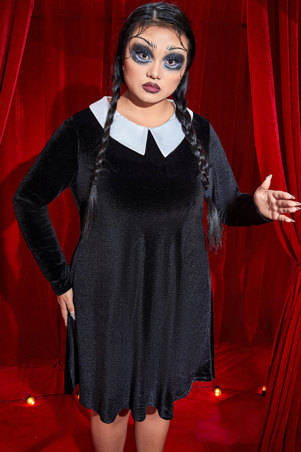 Xpluswear Design Plus Size Halloween Costume Black Velvet Doll Collar Long Sleeve Mini Dress With Pocket [Pre-Order]