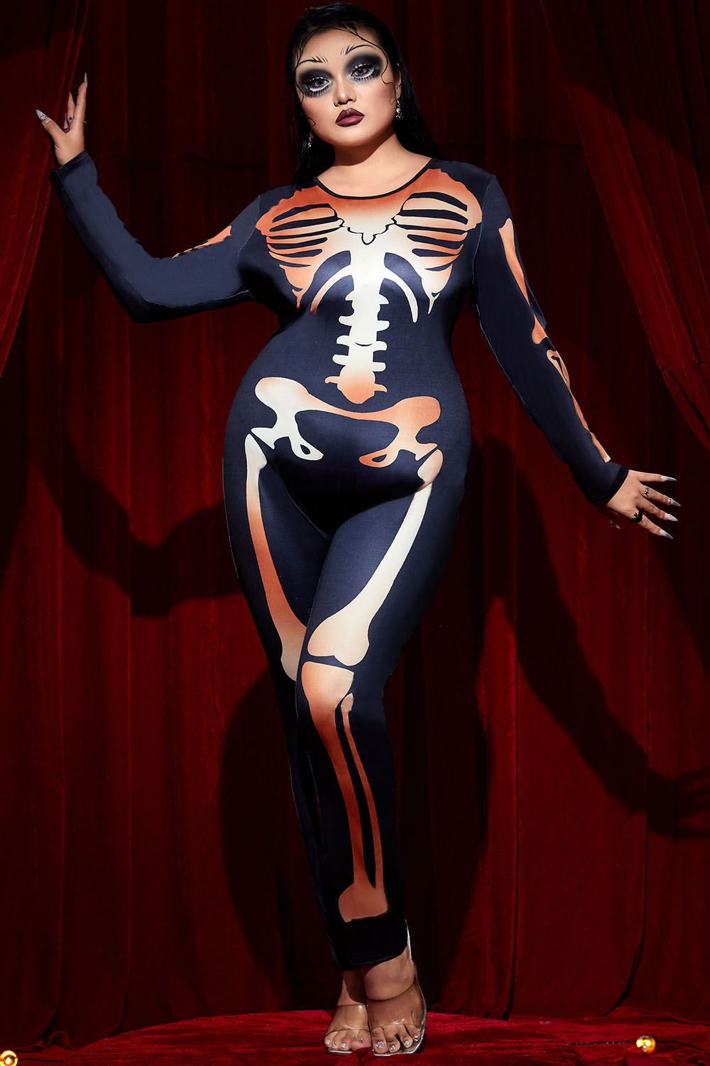 Xpluswear Design Plus Size Halloween Costume Black Skeleton Print Long Sleeve Knitted Jumpsuit [Pre-Order]