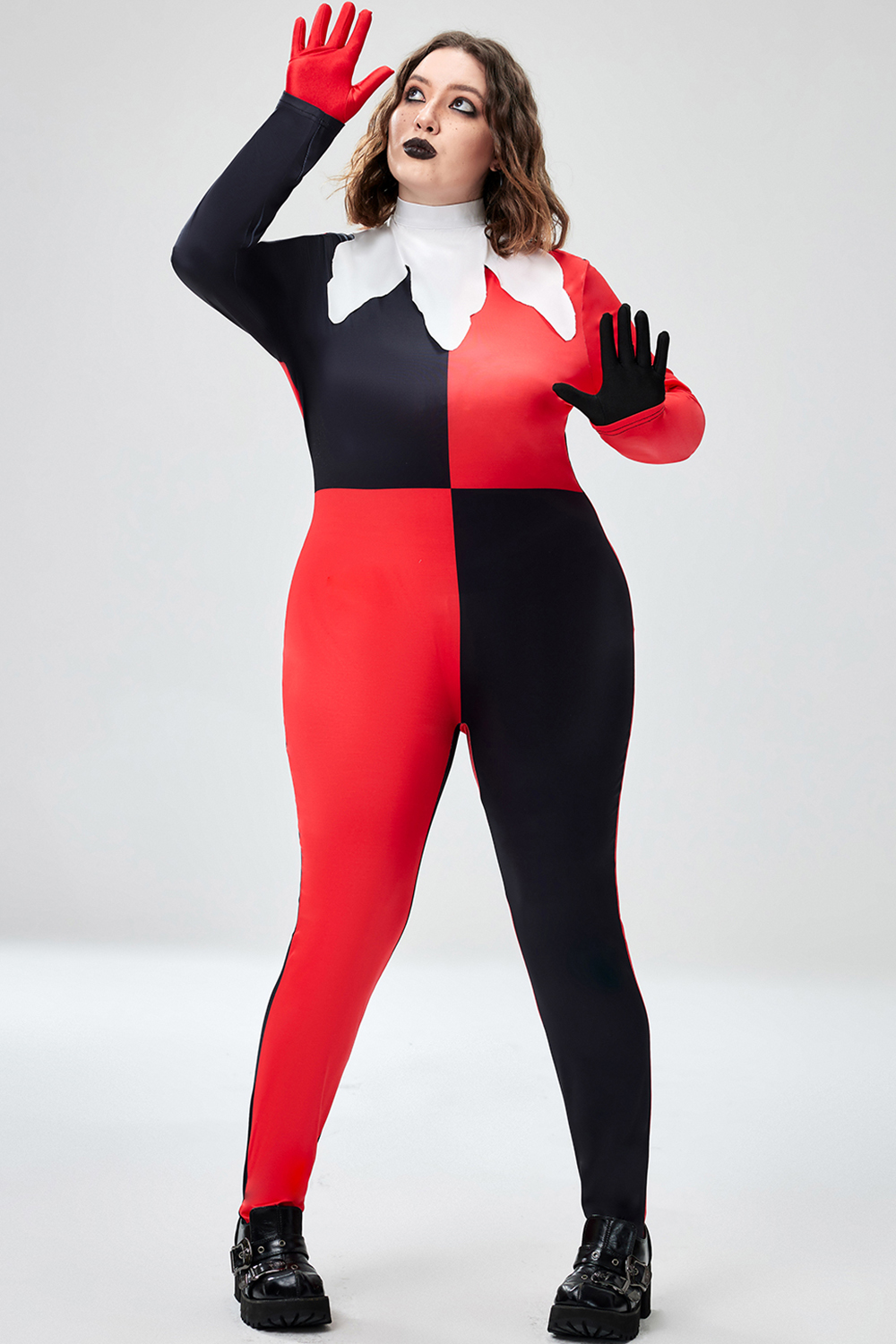 Xpluswear Design Plus Size Casual Halloween Costume Red All Over Print Long Sleeve Knitted Jumpsuit [Pre-Order]