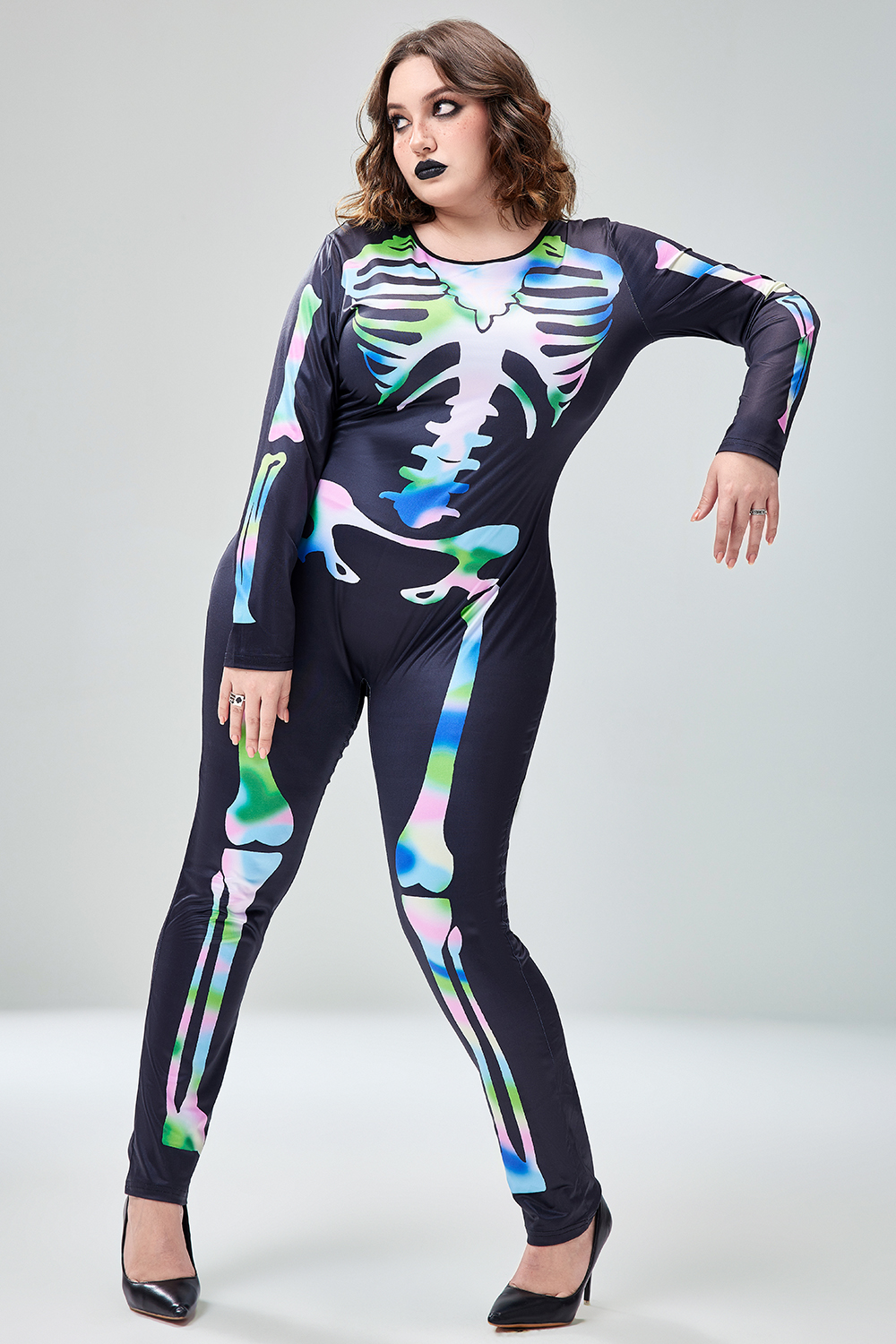 Xpluswear Design Plus Size Halloween Costume Gothic Skeleton Print Long Sleeve Round Neck Jumpsuit [Pre-Order]
