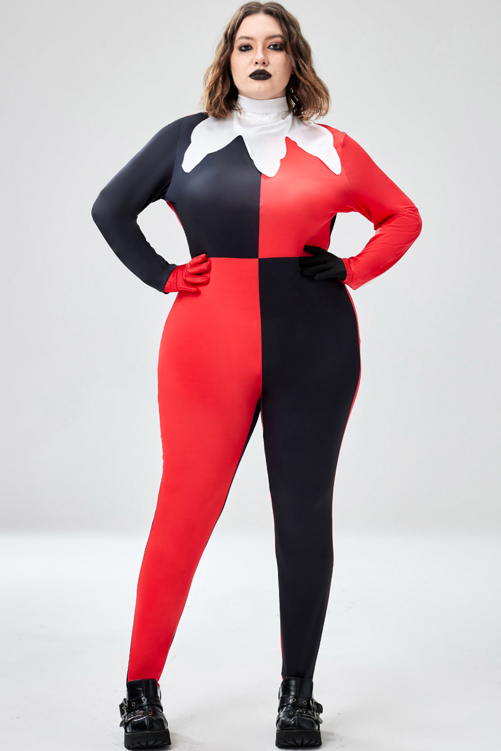 Xpluswear Design Plus Size Casual Halloween Costume Red All Over Print Long Sleeve Knitted Jumpsuit [Pre-Order]