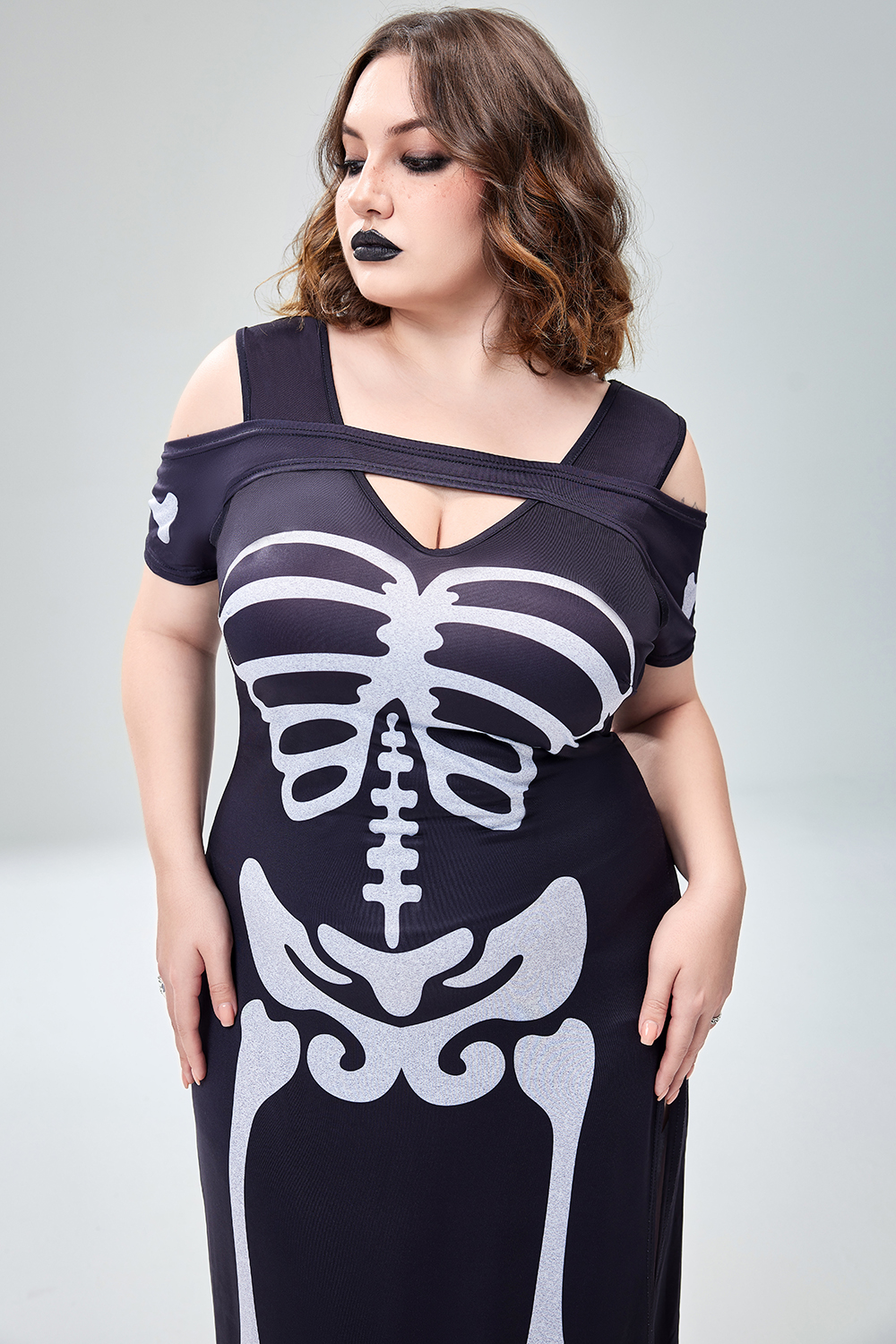 Xpluswear Design Plus Size Halloween Costume Gothic Black Skeleton Print Cold Shoulder Split Knitted Maxi Dress