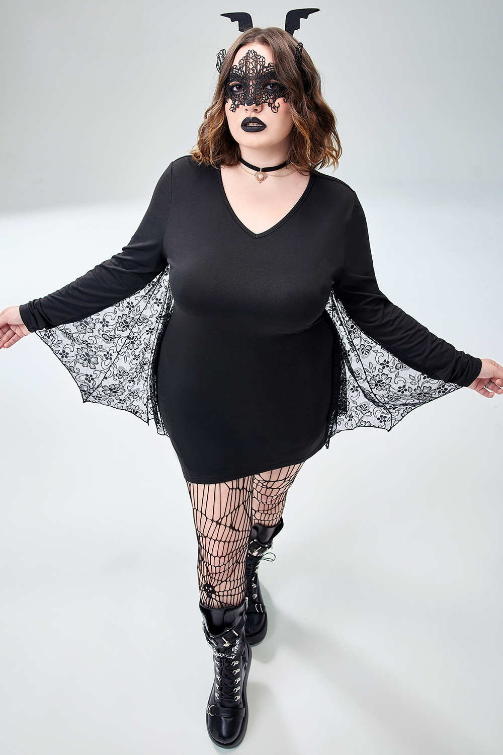 Xpluswear Design Plus Size Casual Halloween Costume Gothic Black Bat V-Neck Long Sleeve Knitted Mini Dress [Pre-Order]