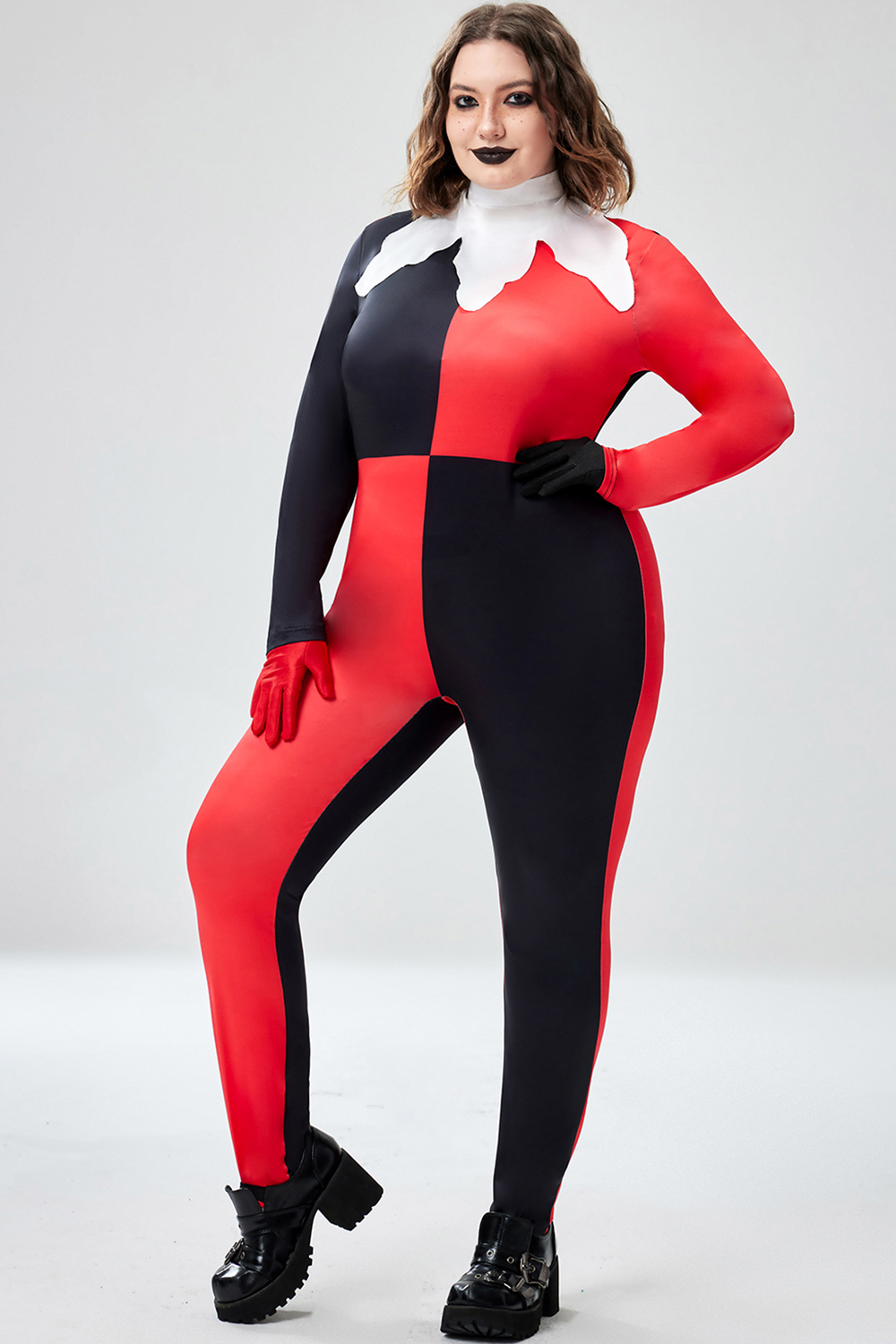 Xpluswear Design Plus Size Casual Halloween Costume Red All Over Print Long Sleeve Knitted Jumpsuit [Pre-Order]
