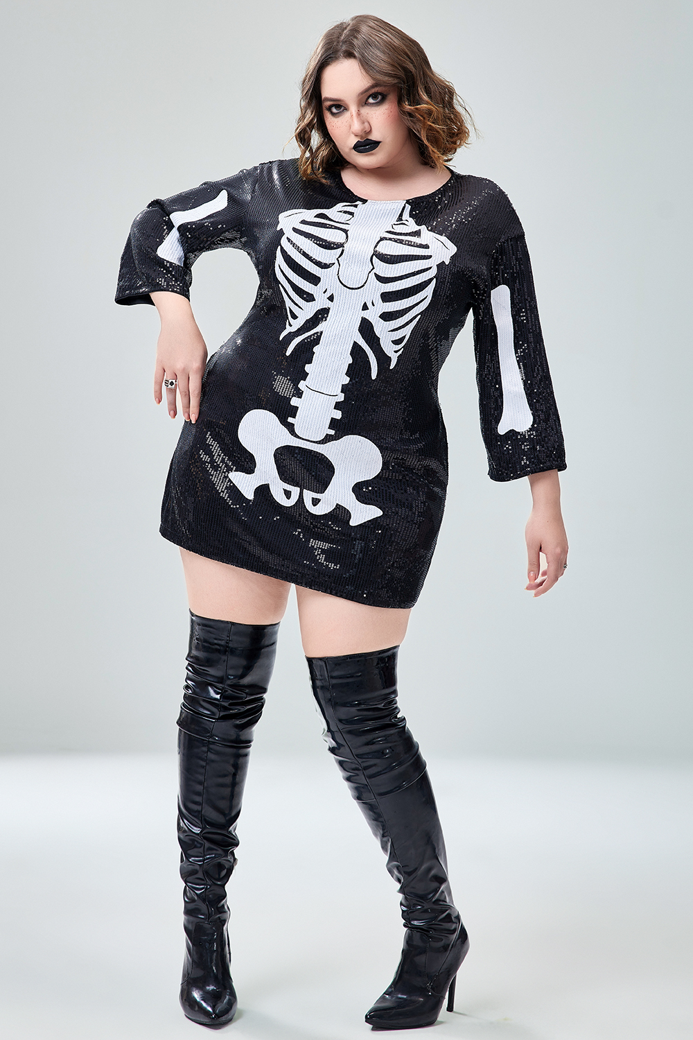 Xpluswear Design Plus Size Halloween Costume Gothic Black Sequin Skeleton Mini Dress With Pocket [Pre-Order]