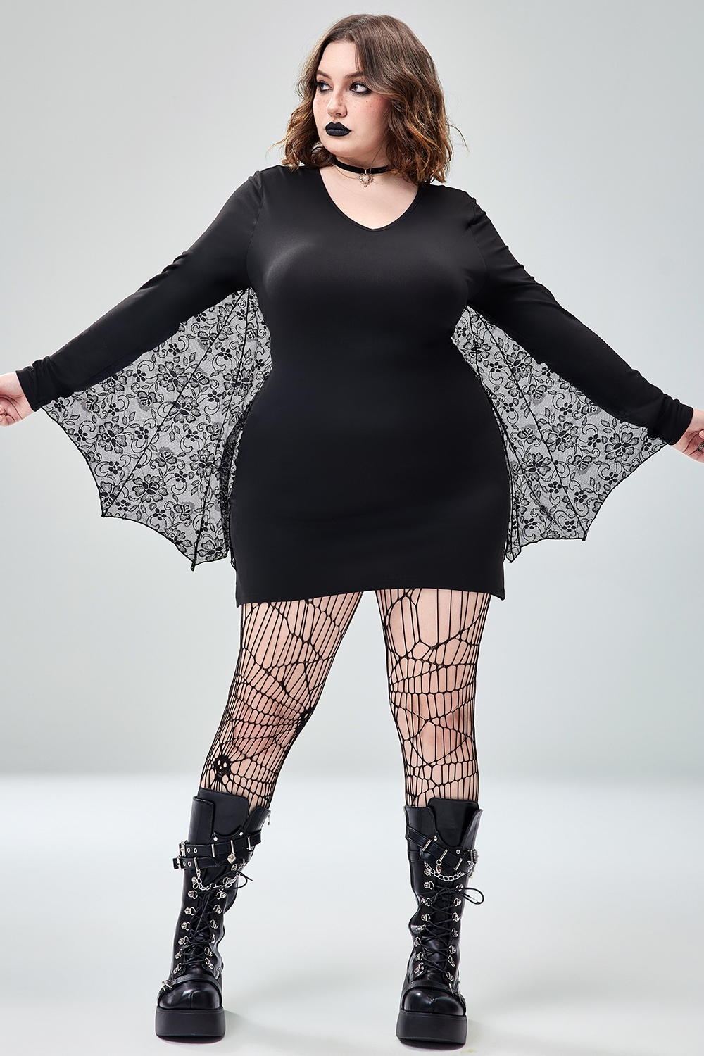 Xpluswear Design Plus Size Casual Halloween Costume Gothic Black Bat V-Neck Long Sleeve Knitted Mini Dress [Pre-Order]