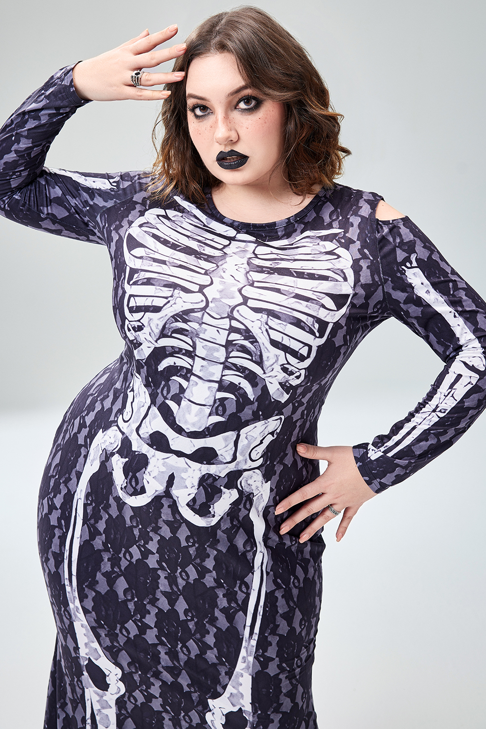 Xpluswear Design Plus Size Halloween Costume Black Skeleton Print Long Sleeve Knitted Maxi Dress
