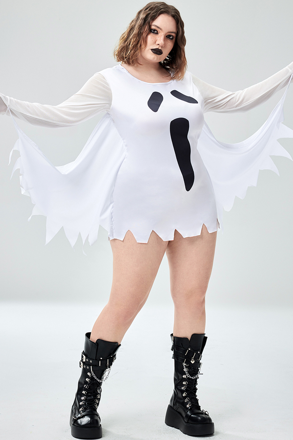 Xpluswear Design Plus Size Casual Halloween Costume White Ghost Knitted Mini Dress [Pre-Order]