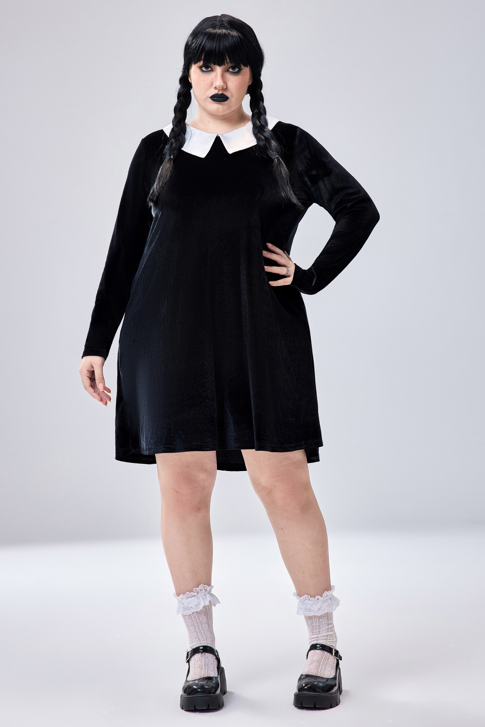Xpluswear Design Plus Size Halloween Costume Black Velvet Doll Collar Long Sleeve Mini Dress With Pocket [Pre-Order]