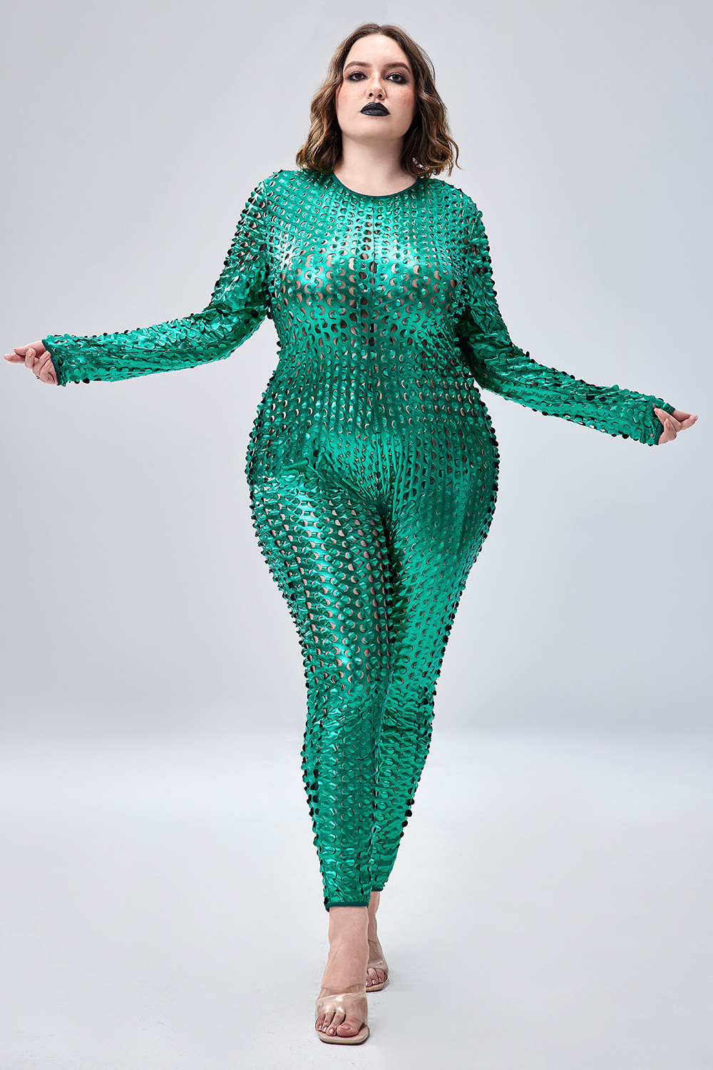 Xpluswear Design Plus Size Casual Halloween Costume Green Metallic Long Sleeve Jumpsuit