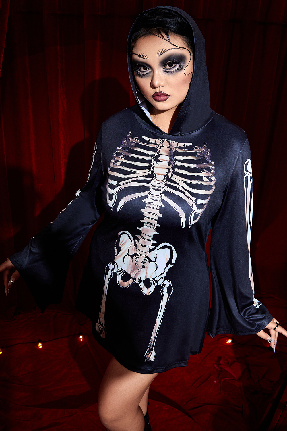 Xpluswear Design Plus Size Casual Halloween Costume Black Skeleton Print Trumpet Sleeve Knitted Mini Dress