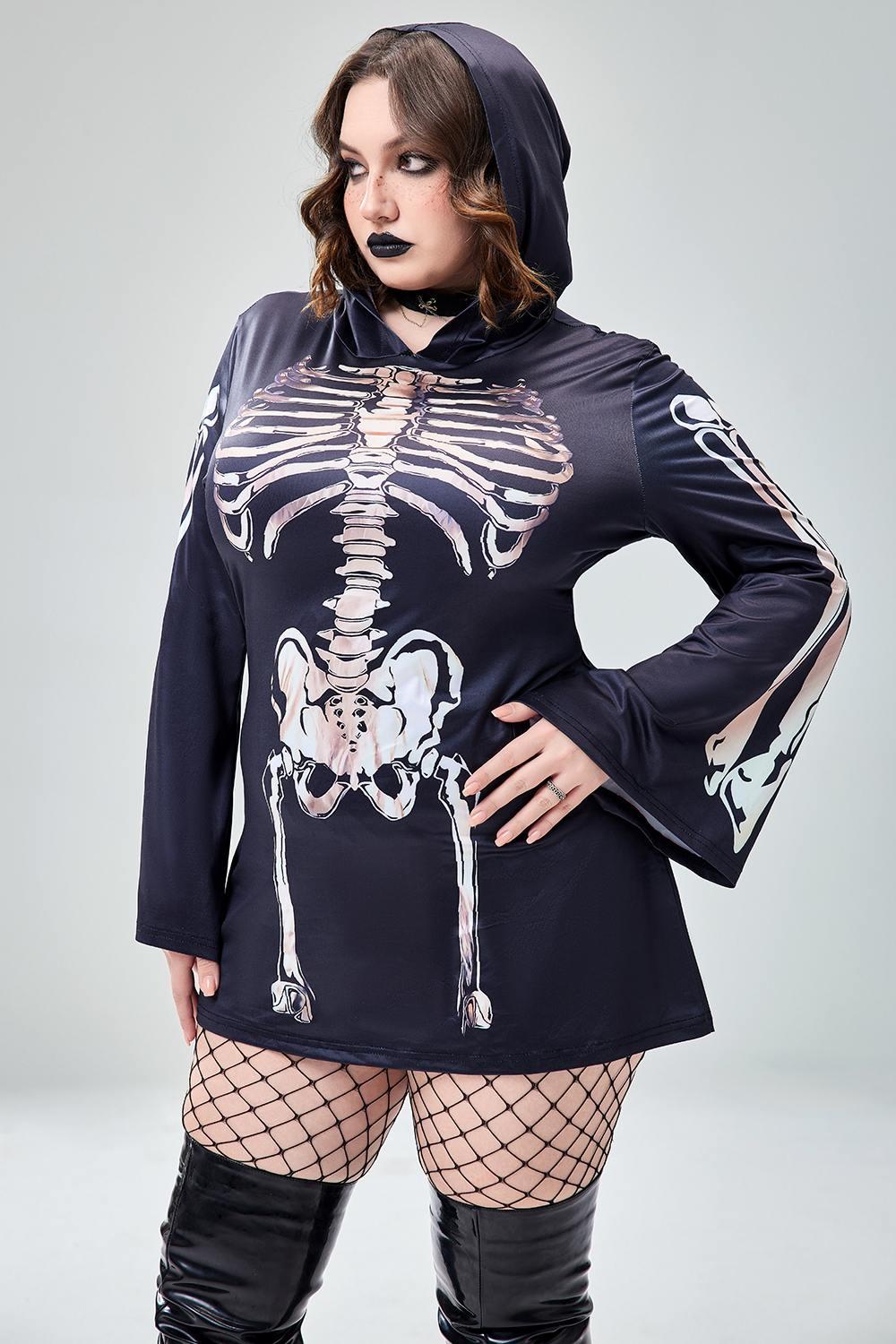 Xpluswear Design Plus Size Casual Halloween Costume Gothic Black Skeleton Print Trumpet Sleeve Knitted Mini Dress