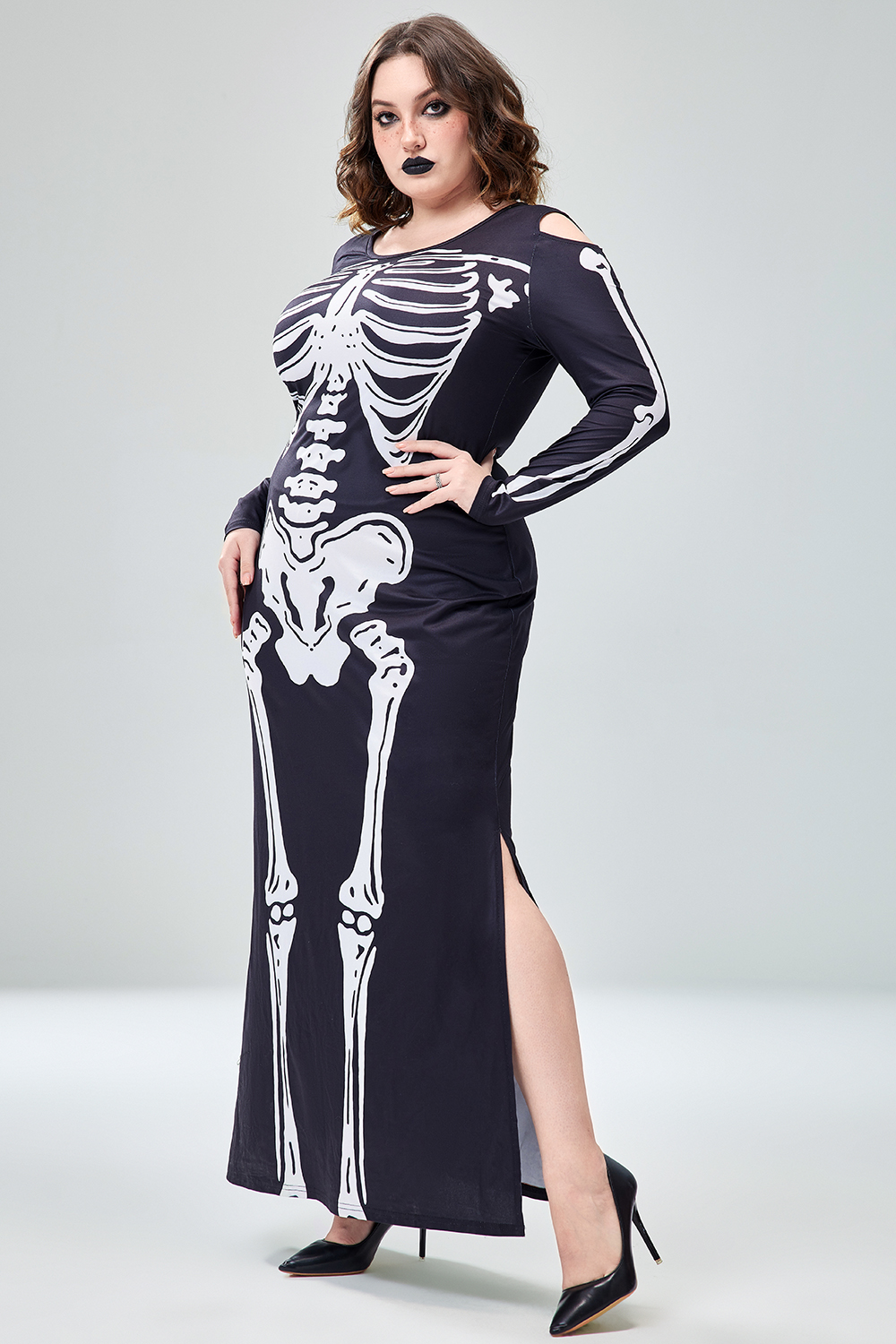Xpluswear Design Plus Size Casual Halloween Costume Gothic Black Round Neck Long Sleeve Skeleton Print Knitted Maxi Dress
