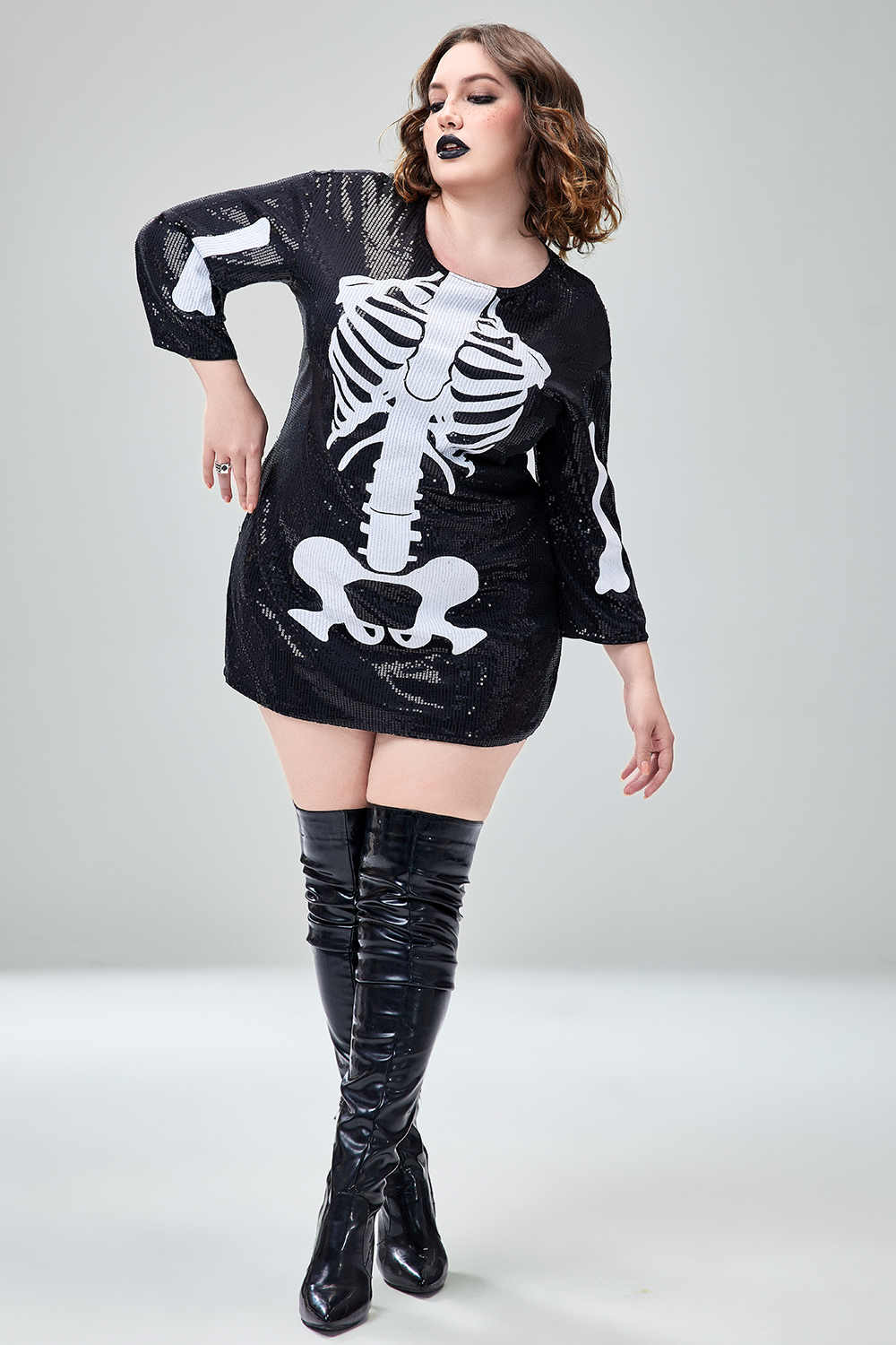 Xpluswear Design Plus Size Halloween Costume Gothic Black Sequin Skeleton Mini Dress With Pocket [Pre-Order]