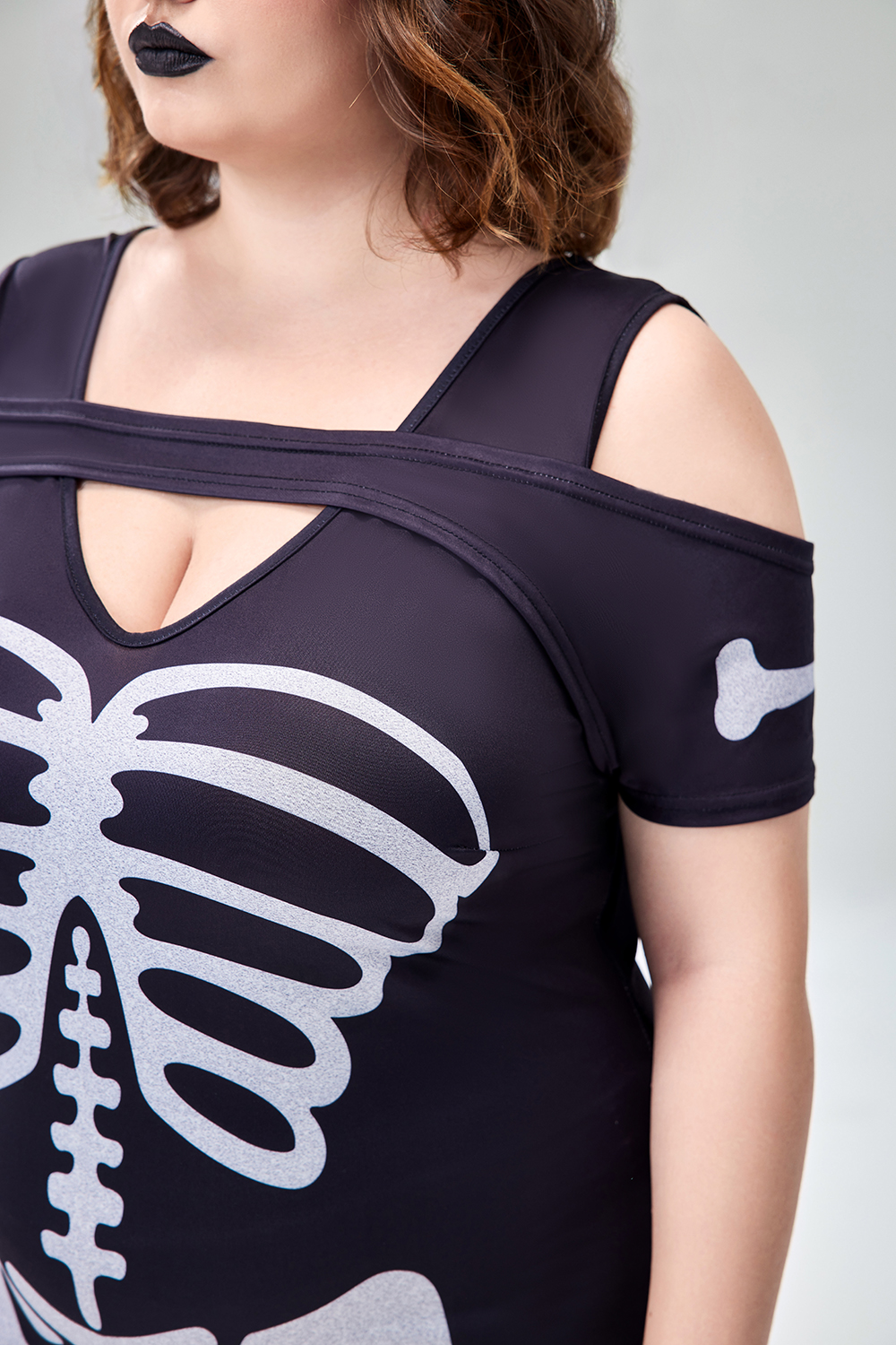 Xpluswear Design Plus Size Halloween Costume Gothic Black Skeleton Print Cold Shoulder Split Knitted Maxi Dress