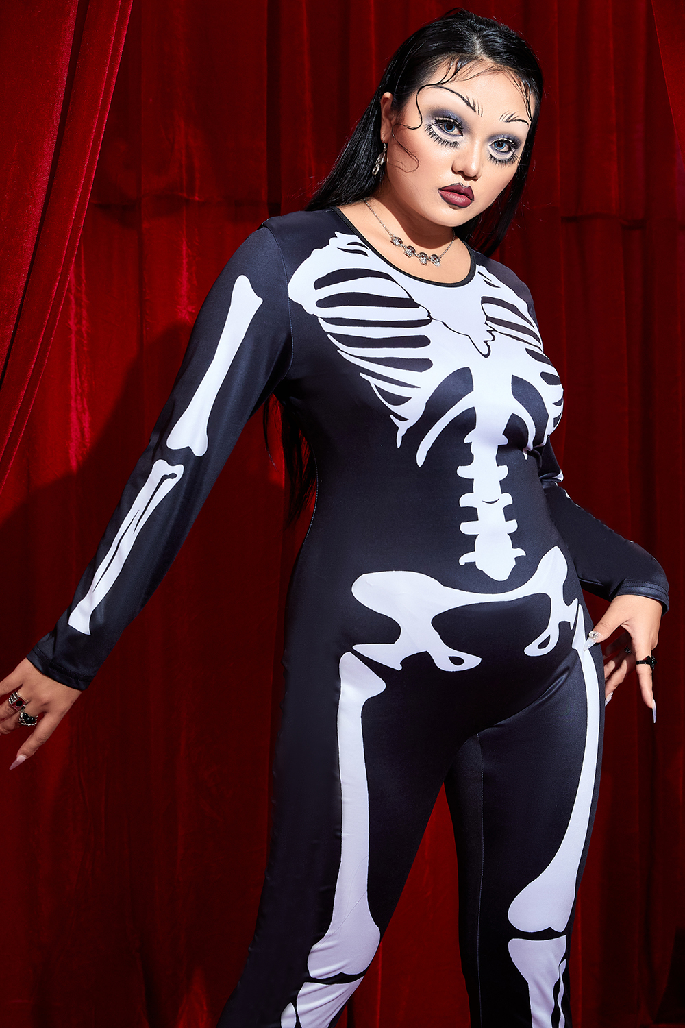 Xpluswear Design Plus Size Halloween Costume Skeleton Print Long Sleeve Knitted Jumpsuit [Pre-Order]