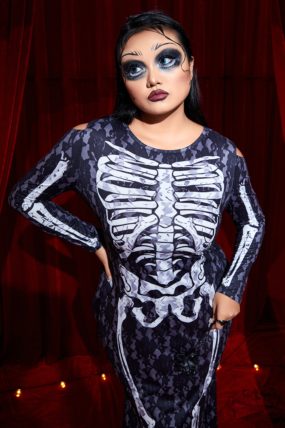 Xpluswear Design Plus Size Halloween Costume Black Skeleton Print Long Sleeve Knitted Maxi Dress